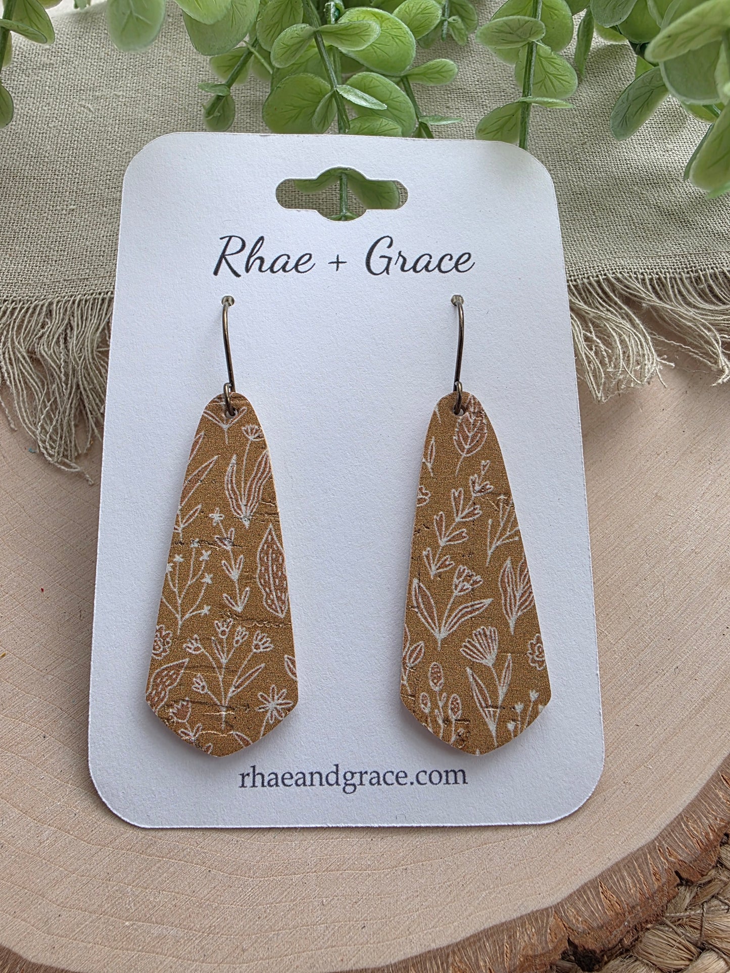 Dijon Brown & Cream Floral Skinny Drop Earrings