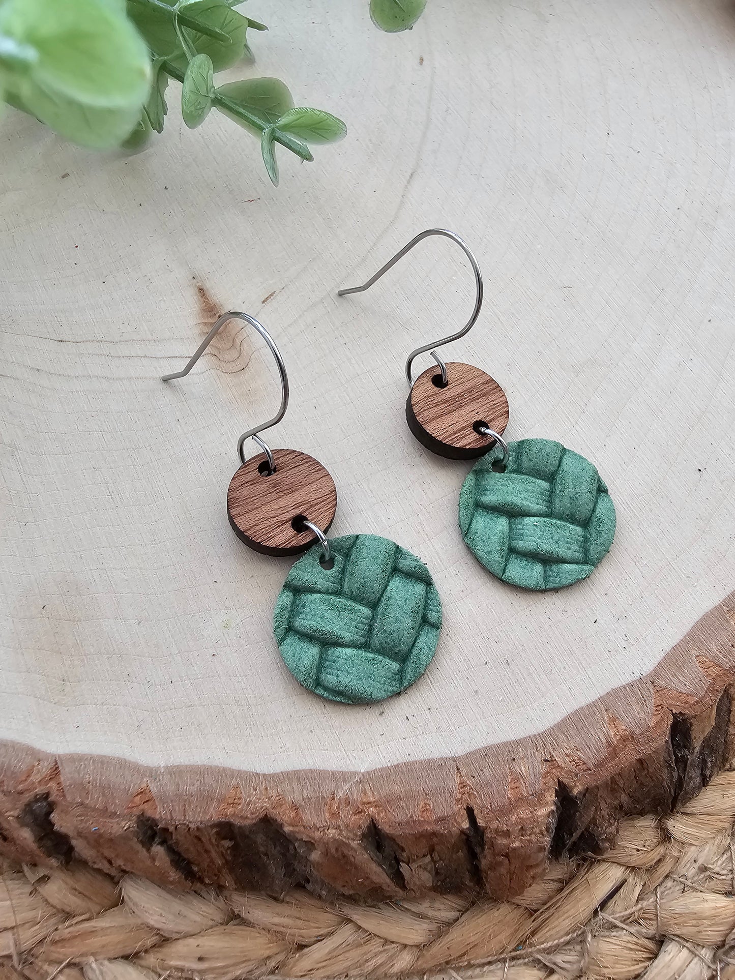 Spring Green Embossed Braid Dainty Circle Earrings