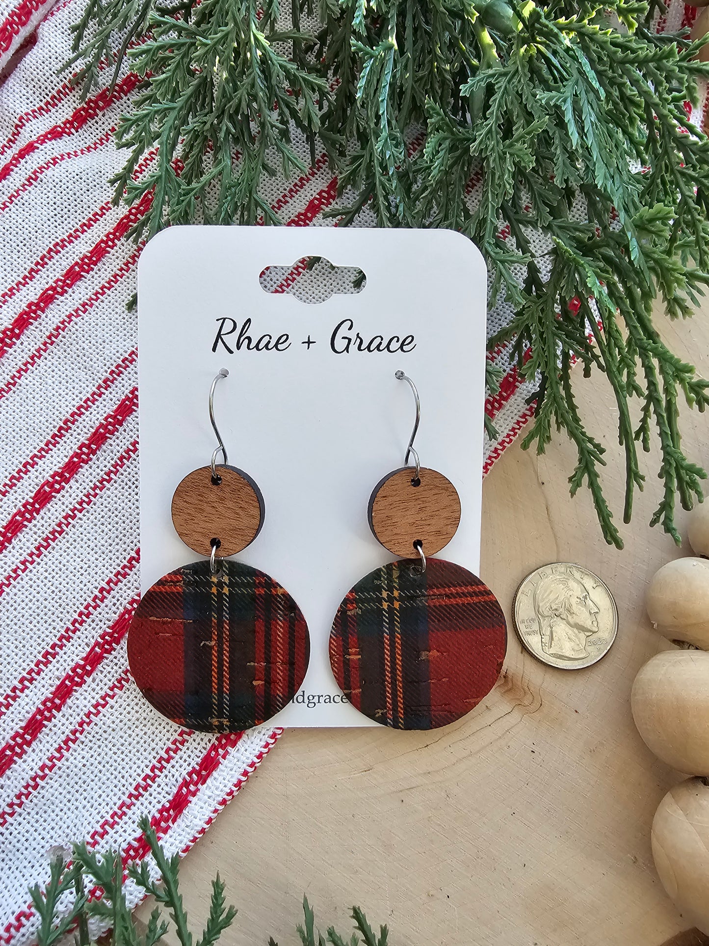 Red Holiday Plaid Circle Drop Earrings