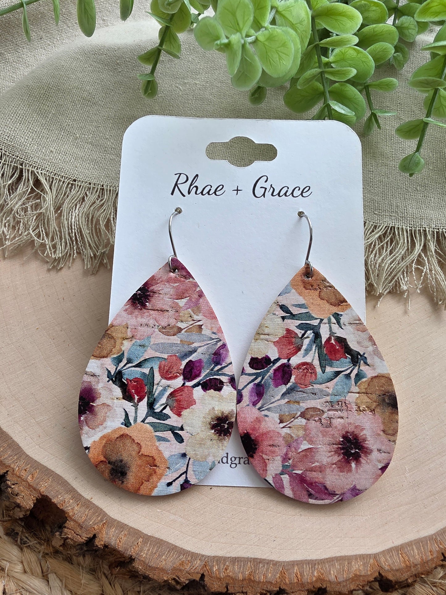 Watercolor Plum Bouquet Teardrop Earrings - Large