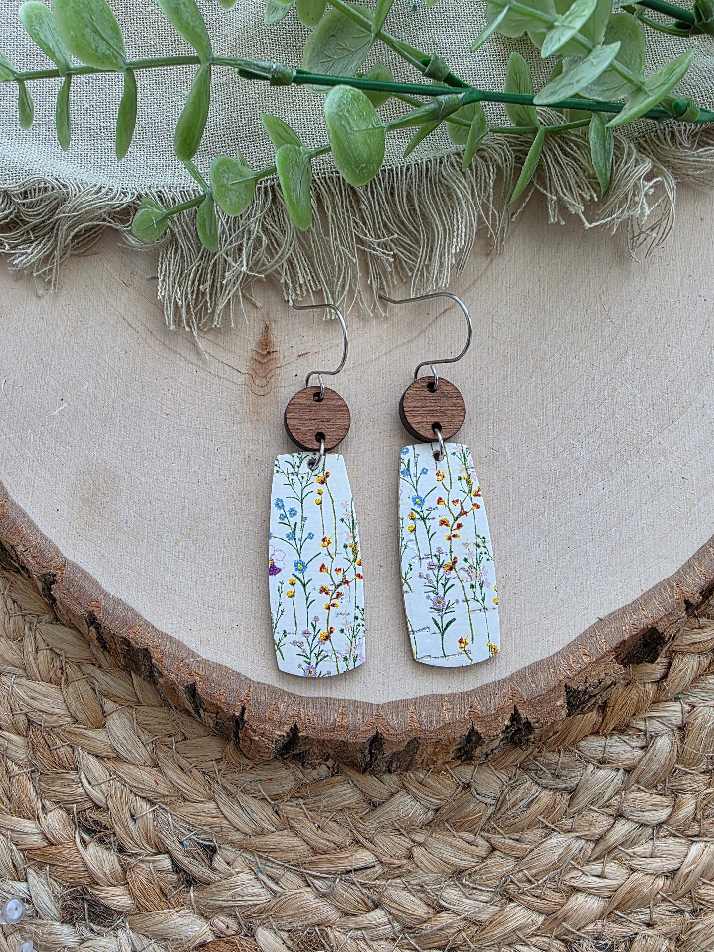 Delicate Wildflower Floral Bar Leather Earrings