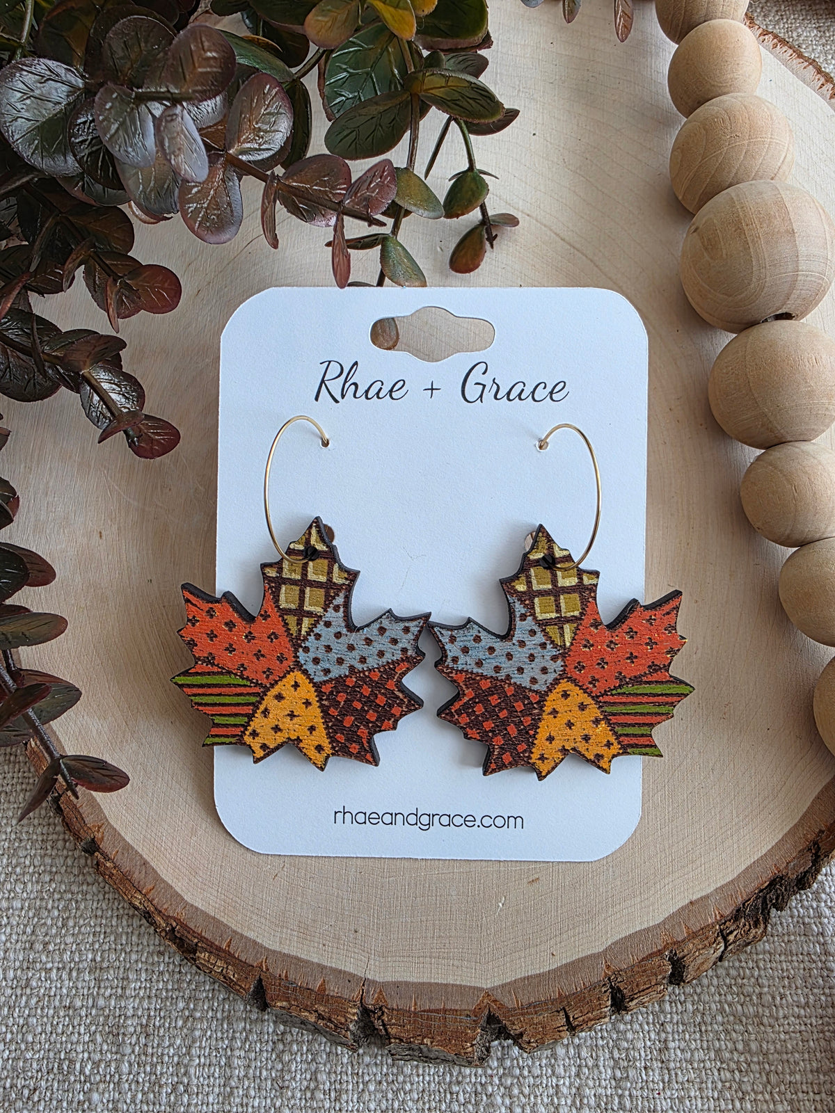 Patchwork Maple Leaf Wood Earrings - Orange
