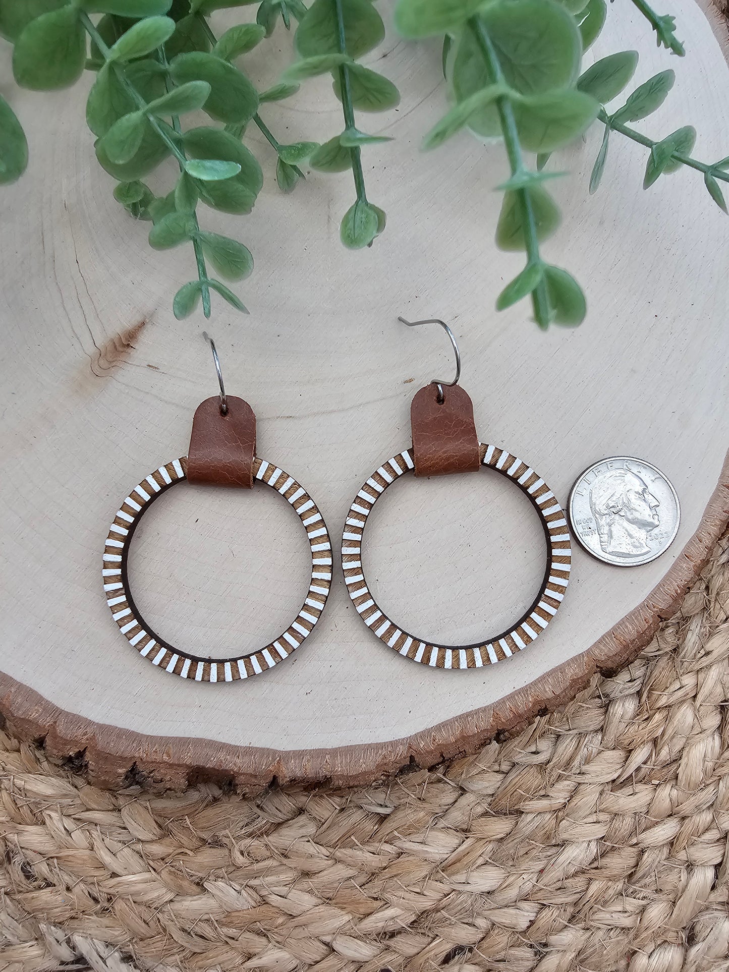 Engraved Striped Wood & Leather Hoop Earrings - 3 Sizes