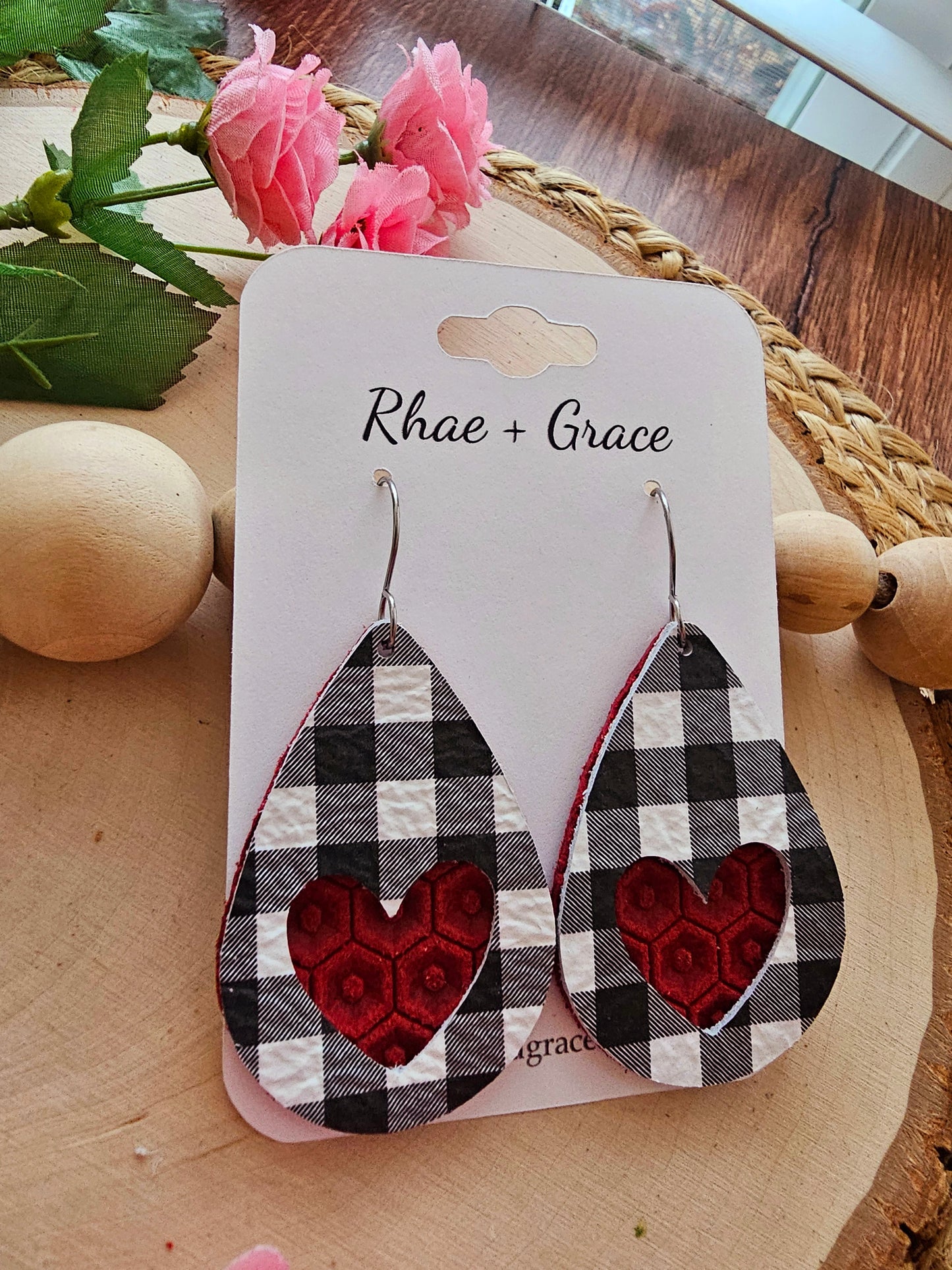 Layered Buffalo Plaid Heart Cutout Teardrop Earrings