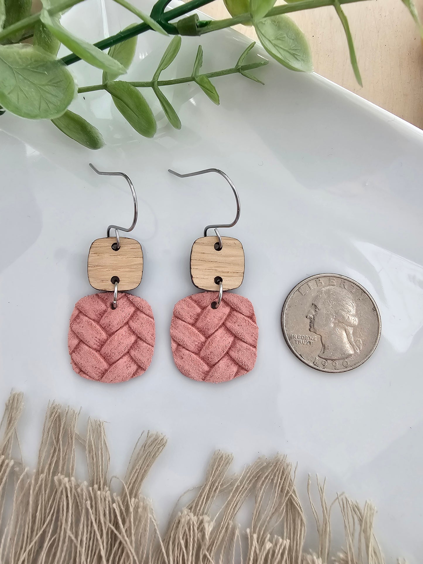 Carnation Pink Embossed Box Braid Rounded Square Earrings