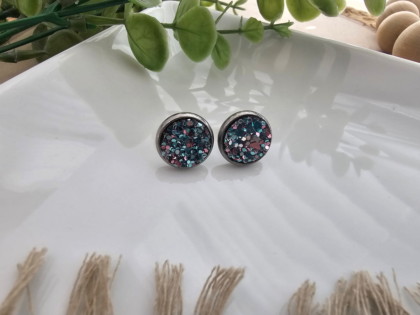Blue & Mauve Glitter Stud Earrings - 12mm