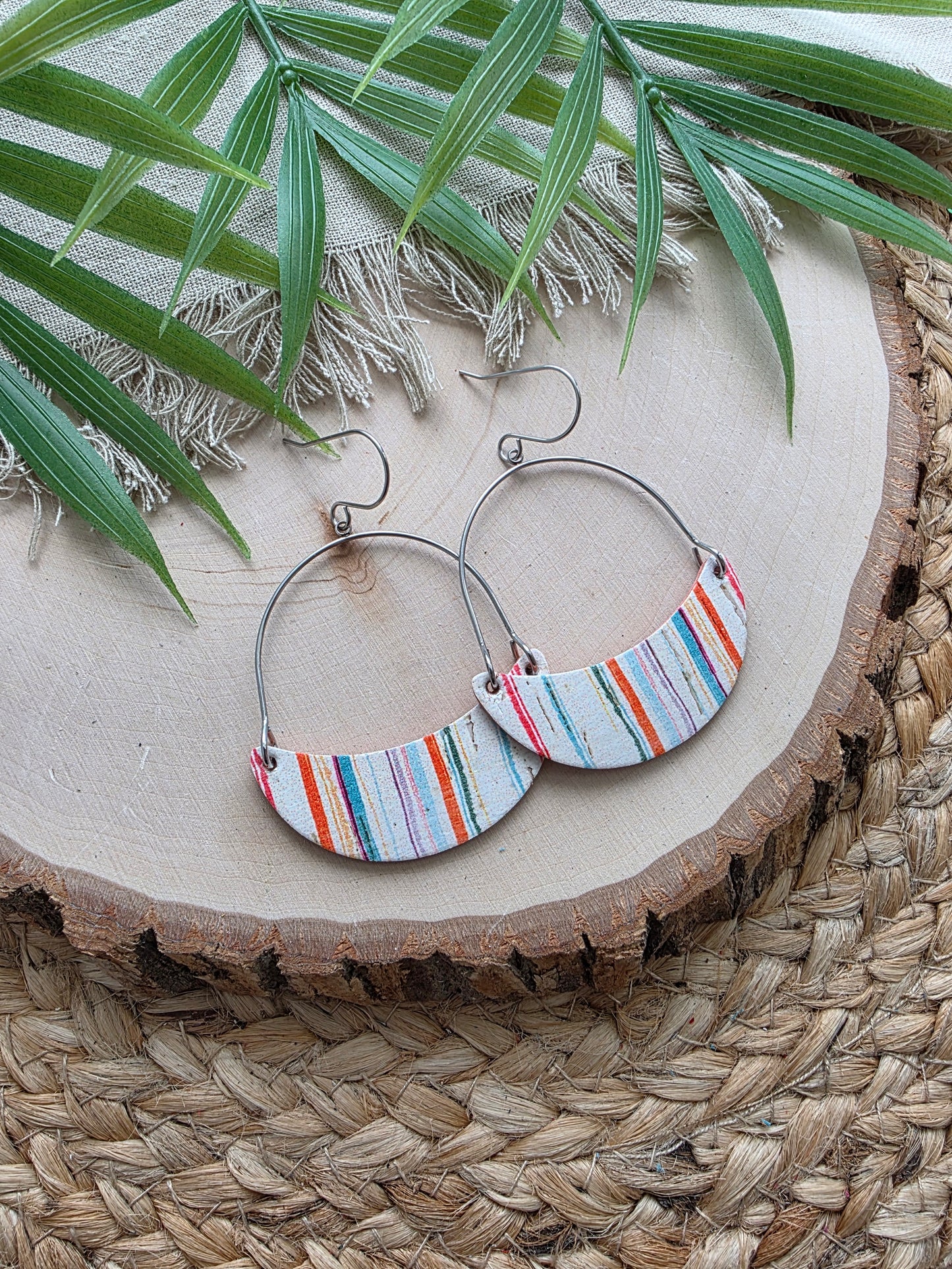 Summer Stripes Crescent Hoop Leather Earrings