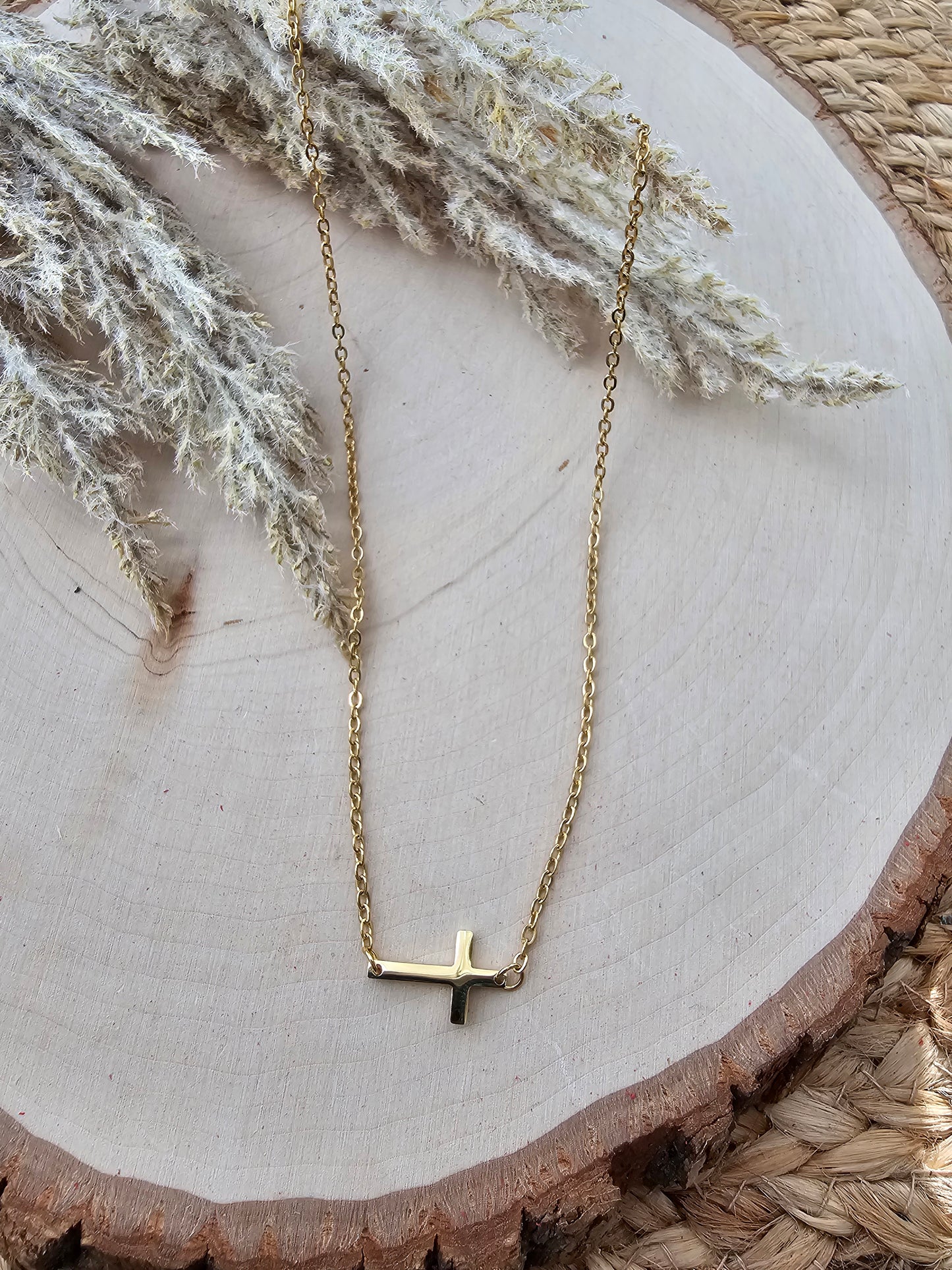 Dainty Sideways Cross Necklace - Gold Plated Stainless Steel