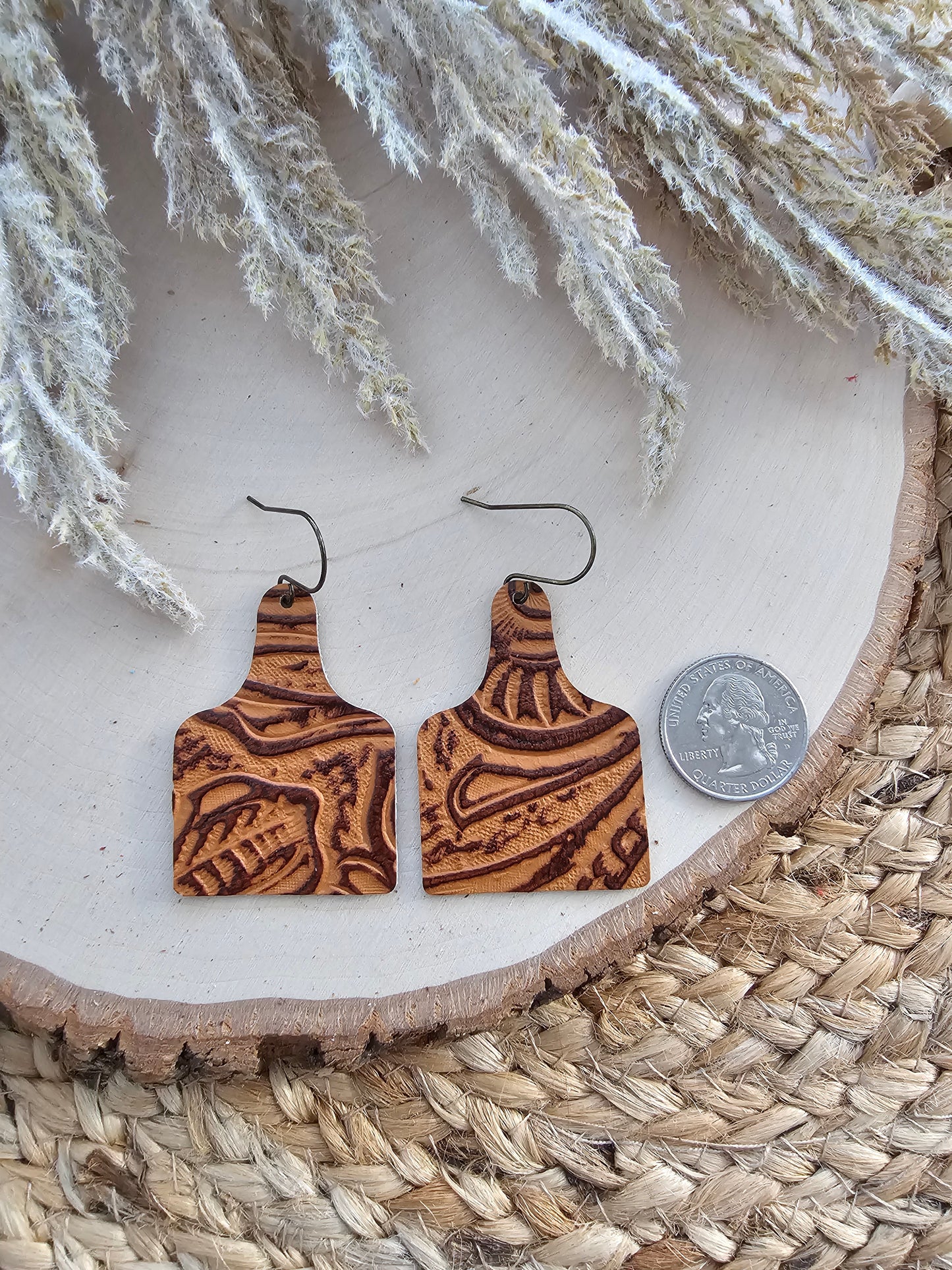 Caramel Brown Tooled Cattle Tag Earrings