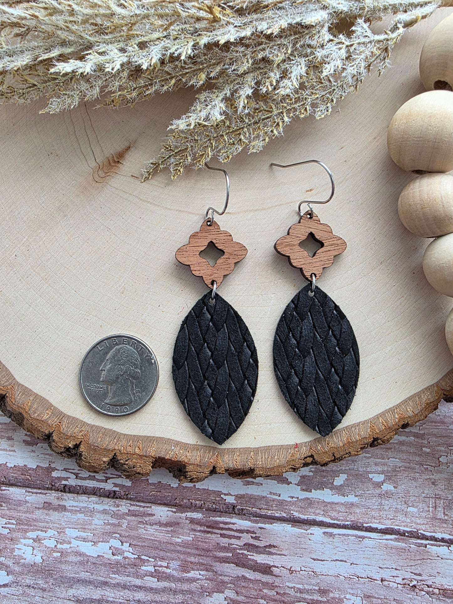 Black Leather Leaf Earrings