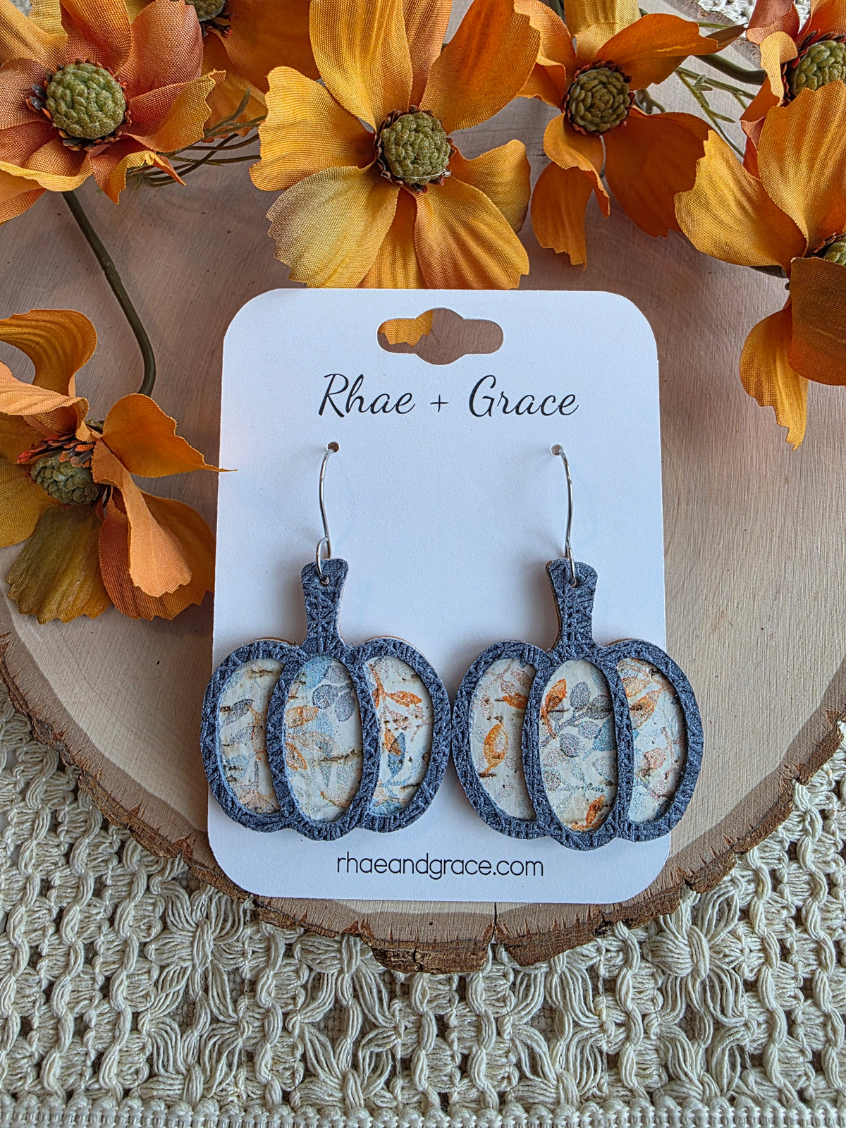 Whimsy Gray Blue Floral Pumpkin Earrings