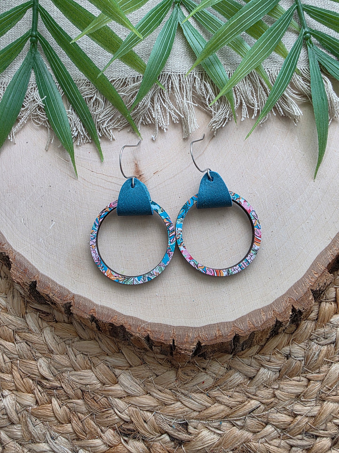 Tropical Leather & Single Wood Hoop Earrings