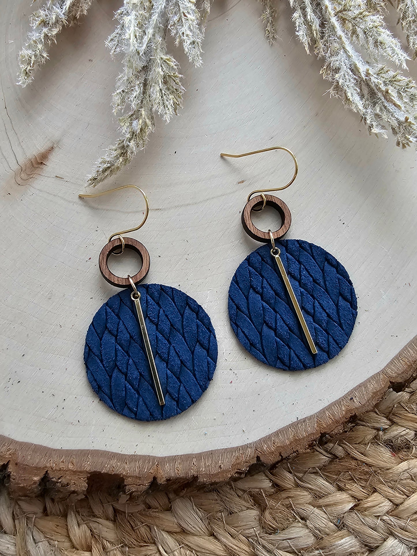 Navy Blue Braided Circle Earrings - Silver or Gold