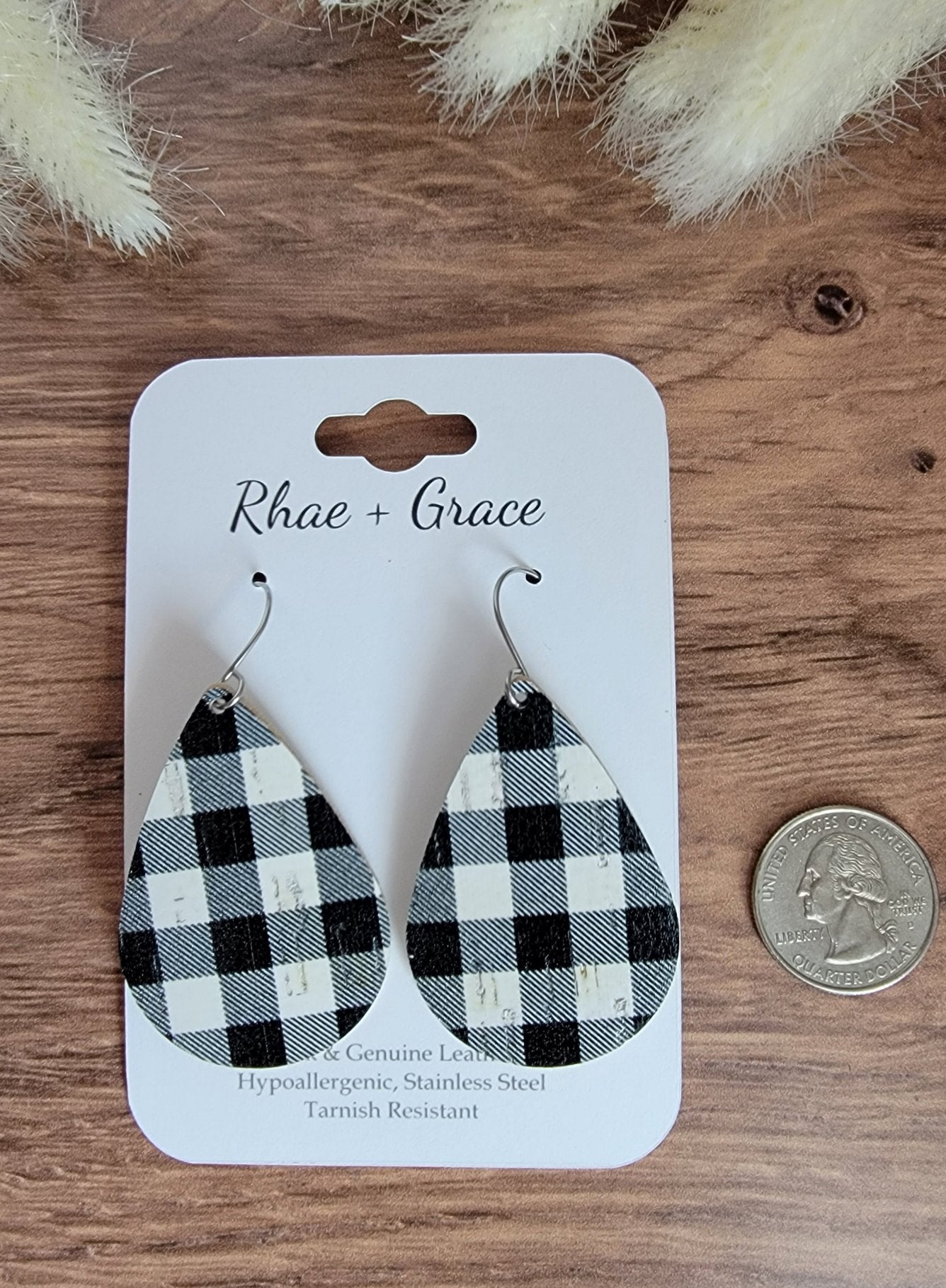 Black & White Buffalo Plaid Teardrop Earrings - Medium
