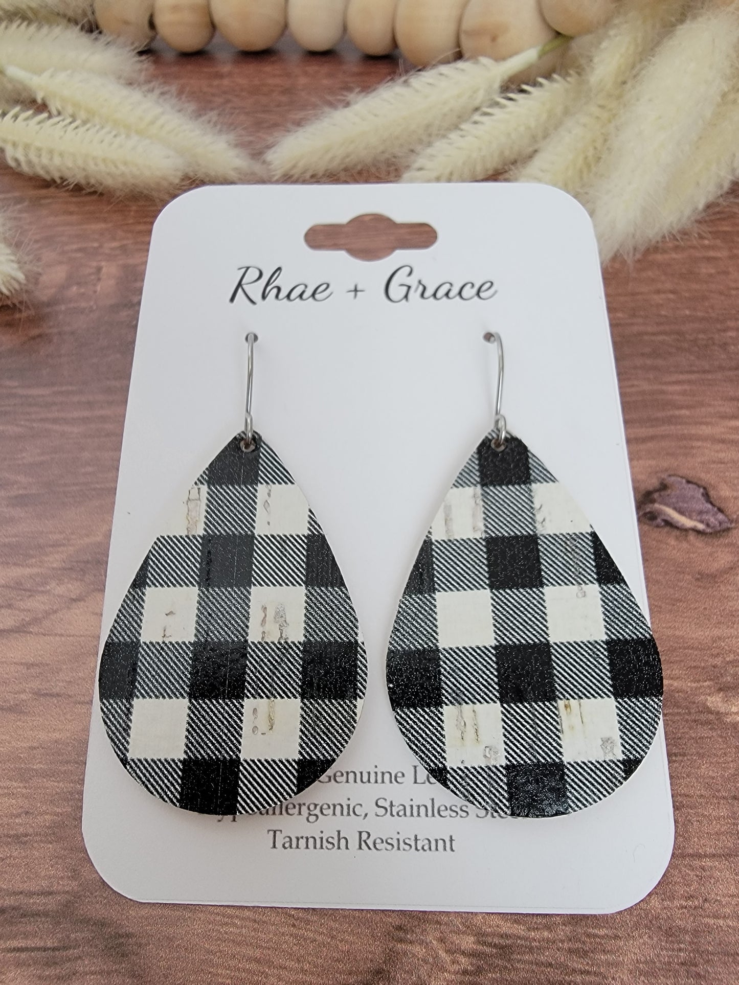 Black & White Buffalo Plaid Teardrop Earrings - Medium