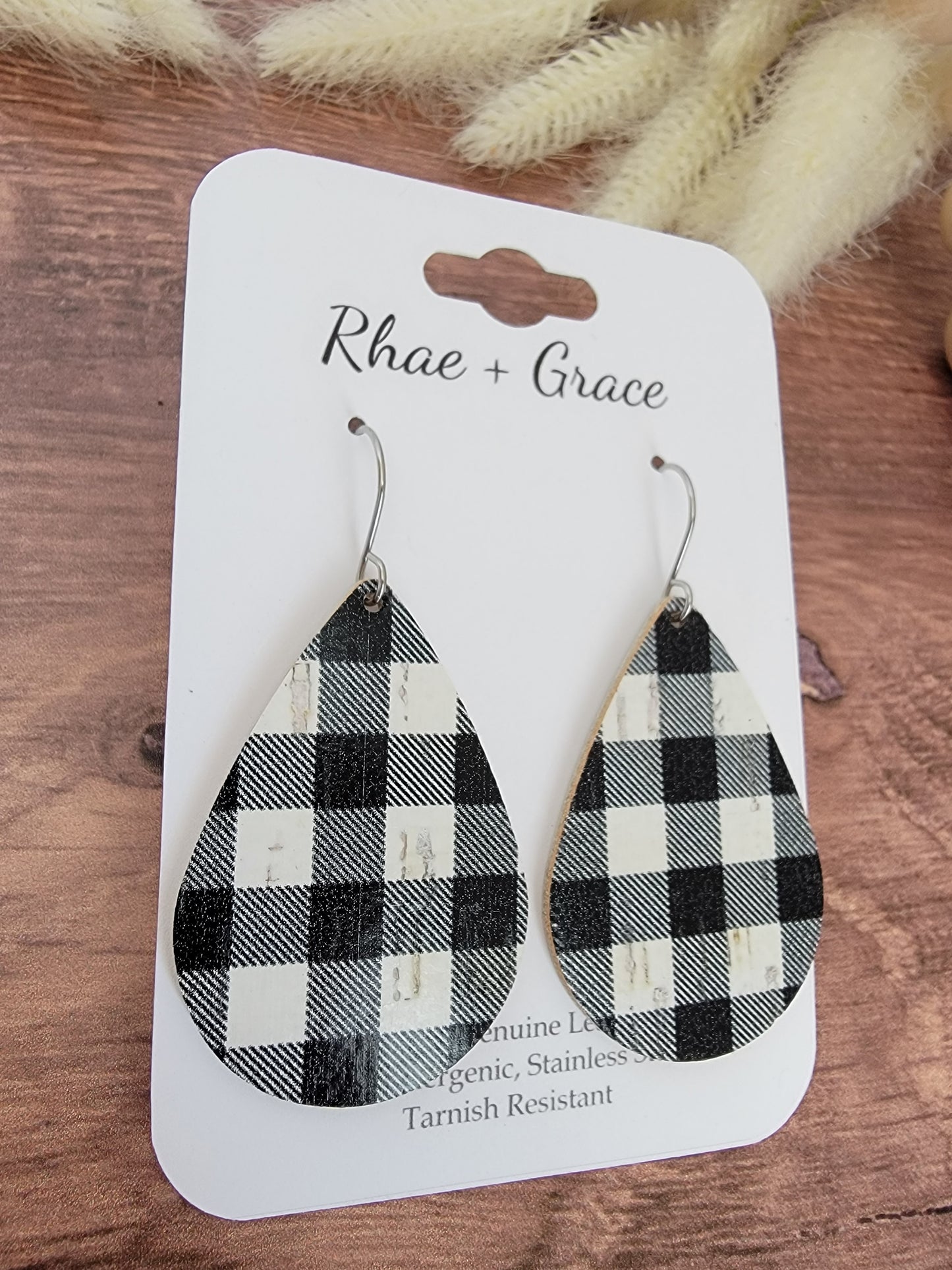 Black & White Buffalo Plaid Teardrop Earrings - Medium