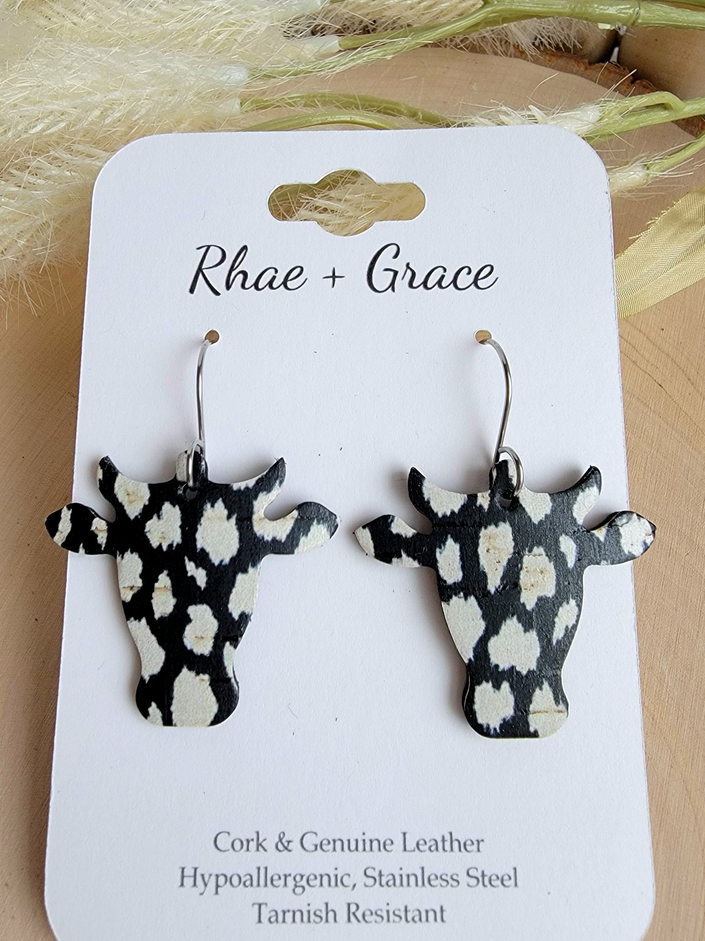 White On Black Cow Head Earrings