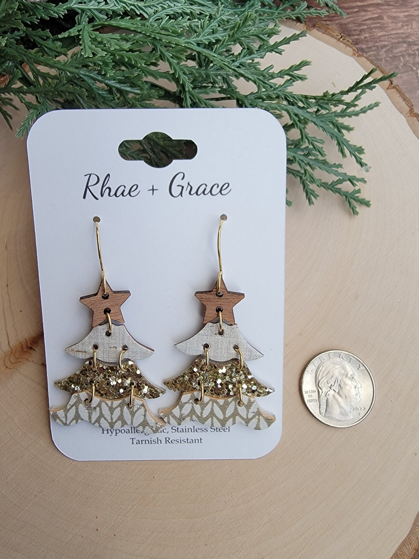 Rustic Neutral and Gold Tiered Christmas Tree Earrings