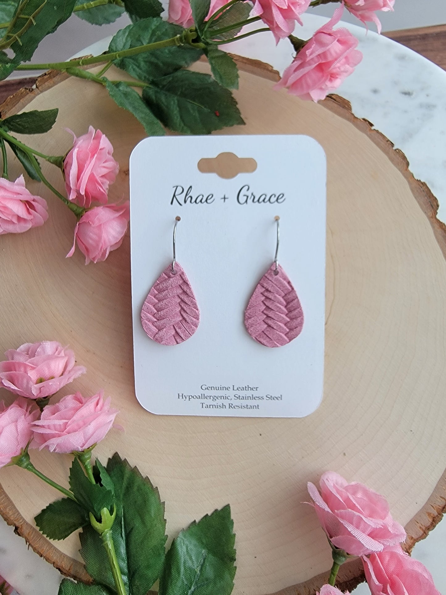 Country Rose Pink Braided Teardrop Earrings - Small
