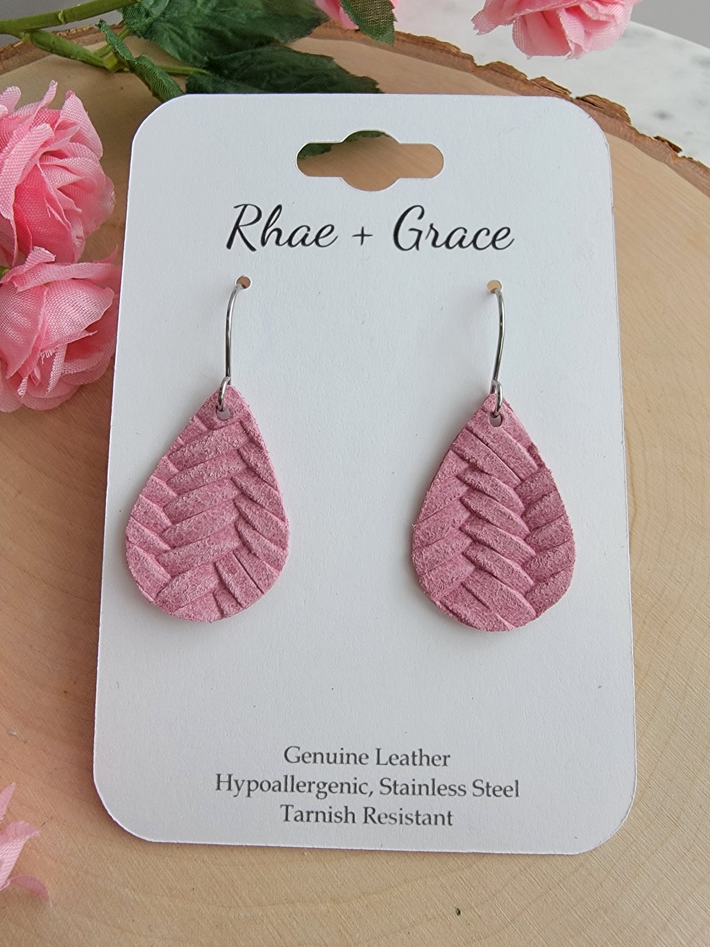 Country Rose Pink Braided Teardrop Earrings - Small