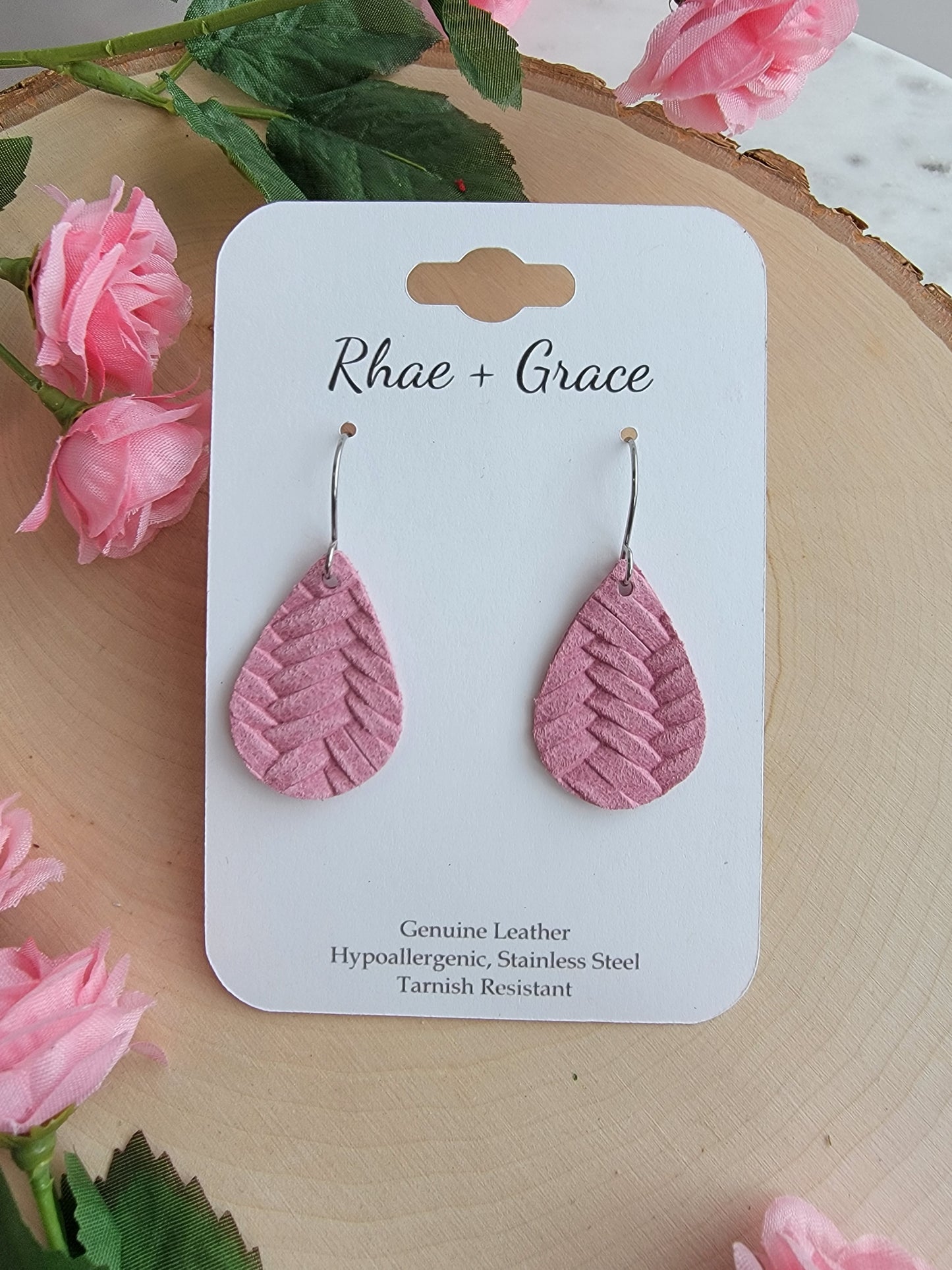 Country Rose Pink Braided Teardrop Earrings - Small