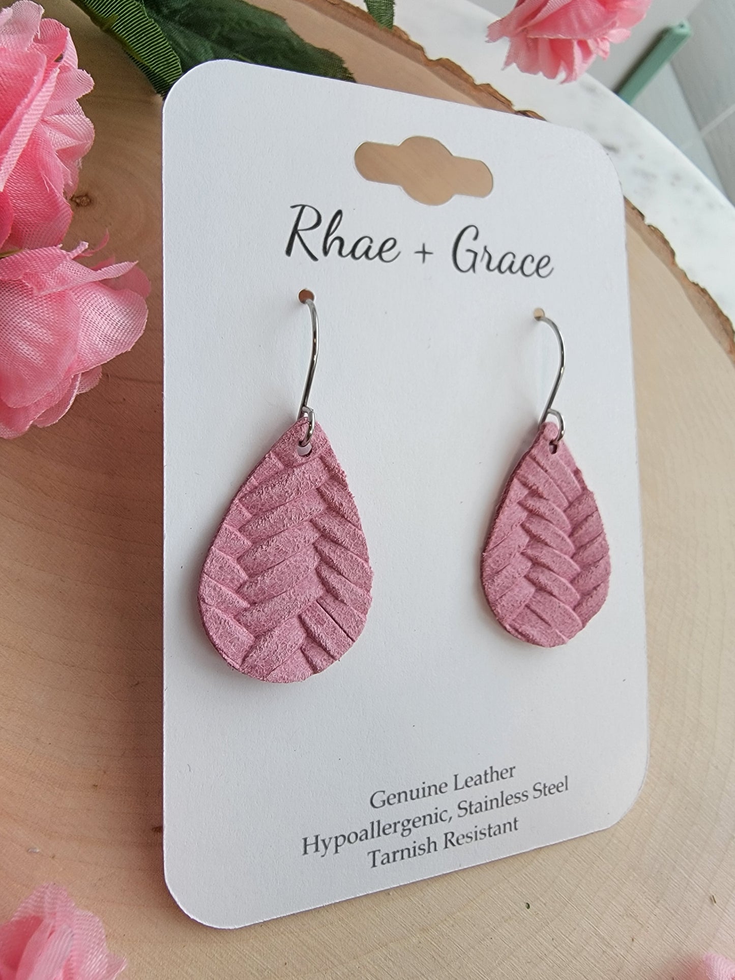 Country Rose Pink Braided Teardrop Earrings - Small