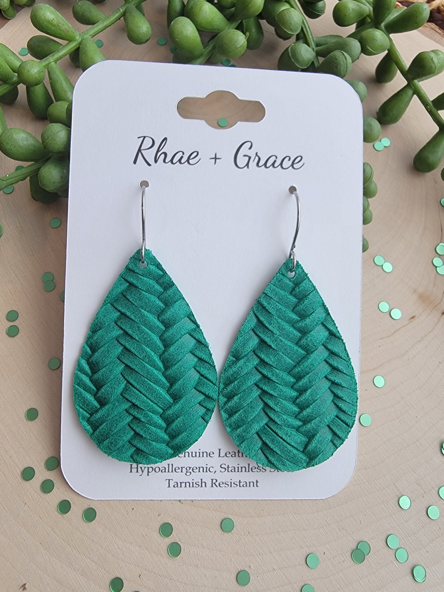 Emerald Green Braided Teardrop Earrings - Medium