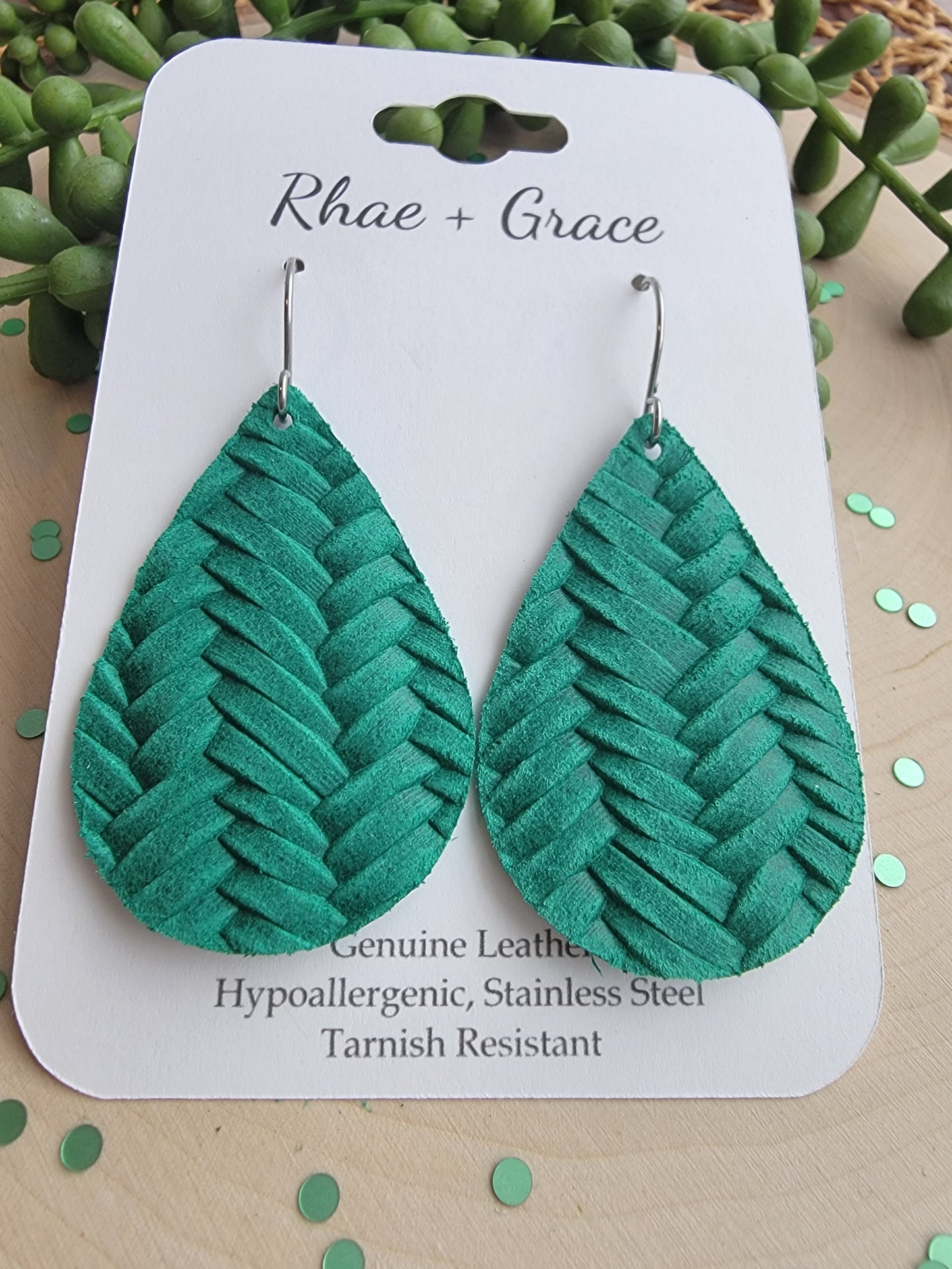 Emerald Green Braided Teardrop Earrings - Medium