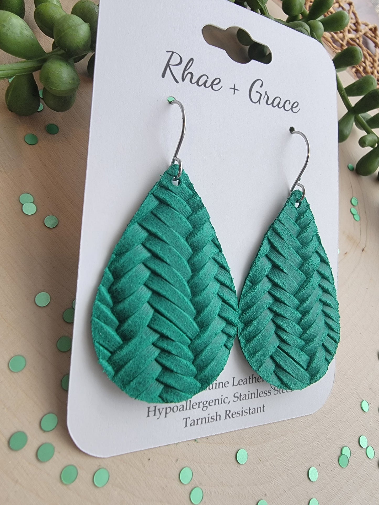 Emerald Green Braided Teardrop Earrings - Medium