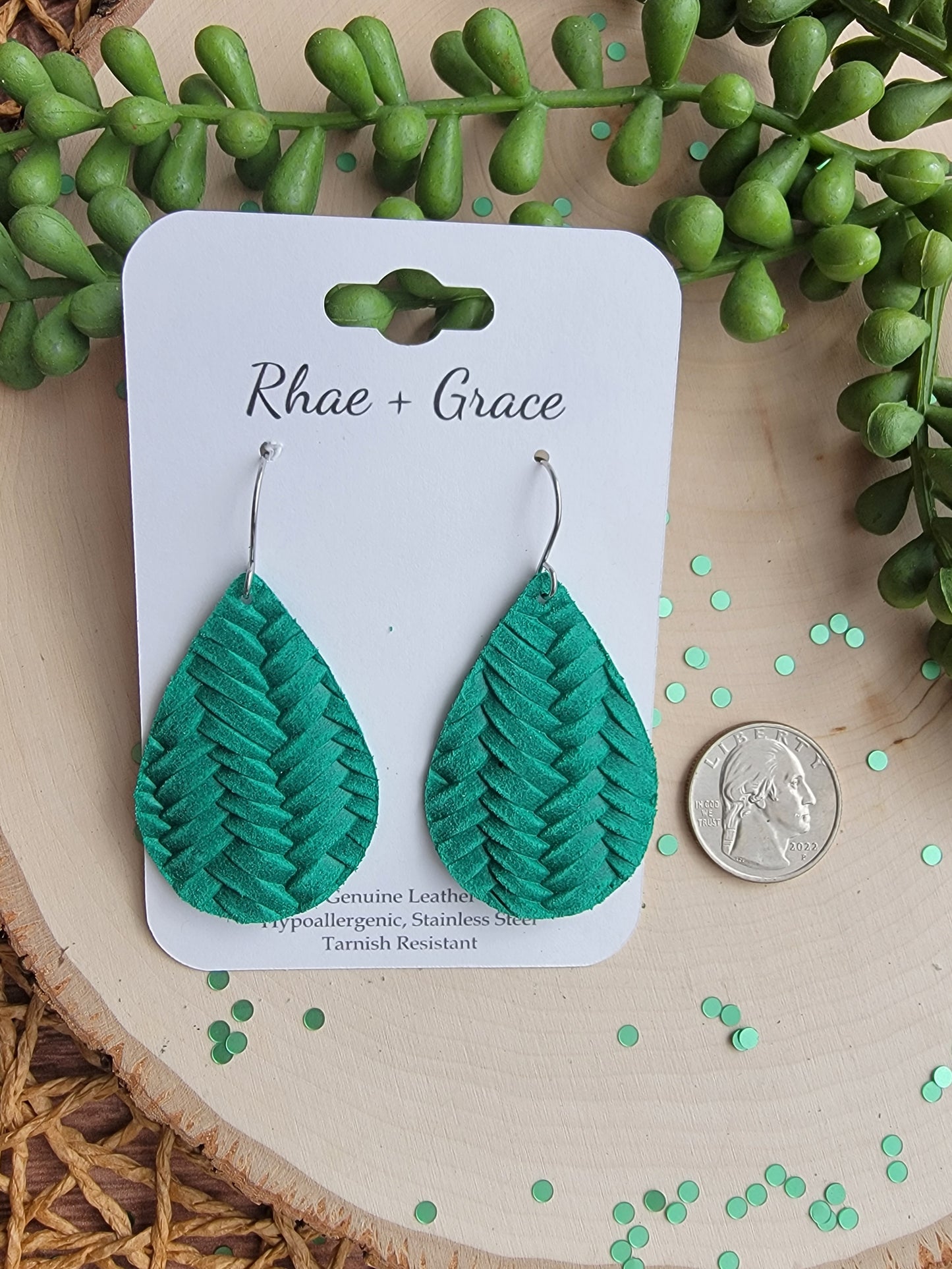 Emerald Green Braided Teardrop Earrings - Medium