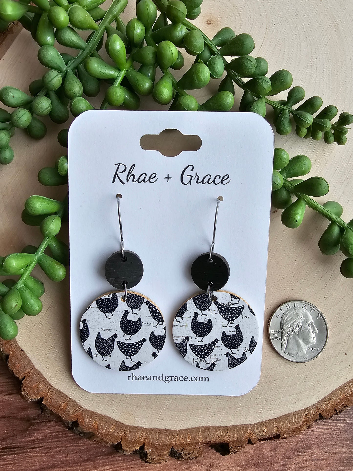 Black & White Chicken Circle Drop Earrings