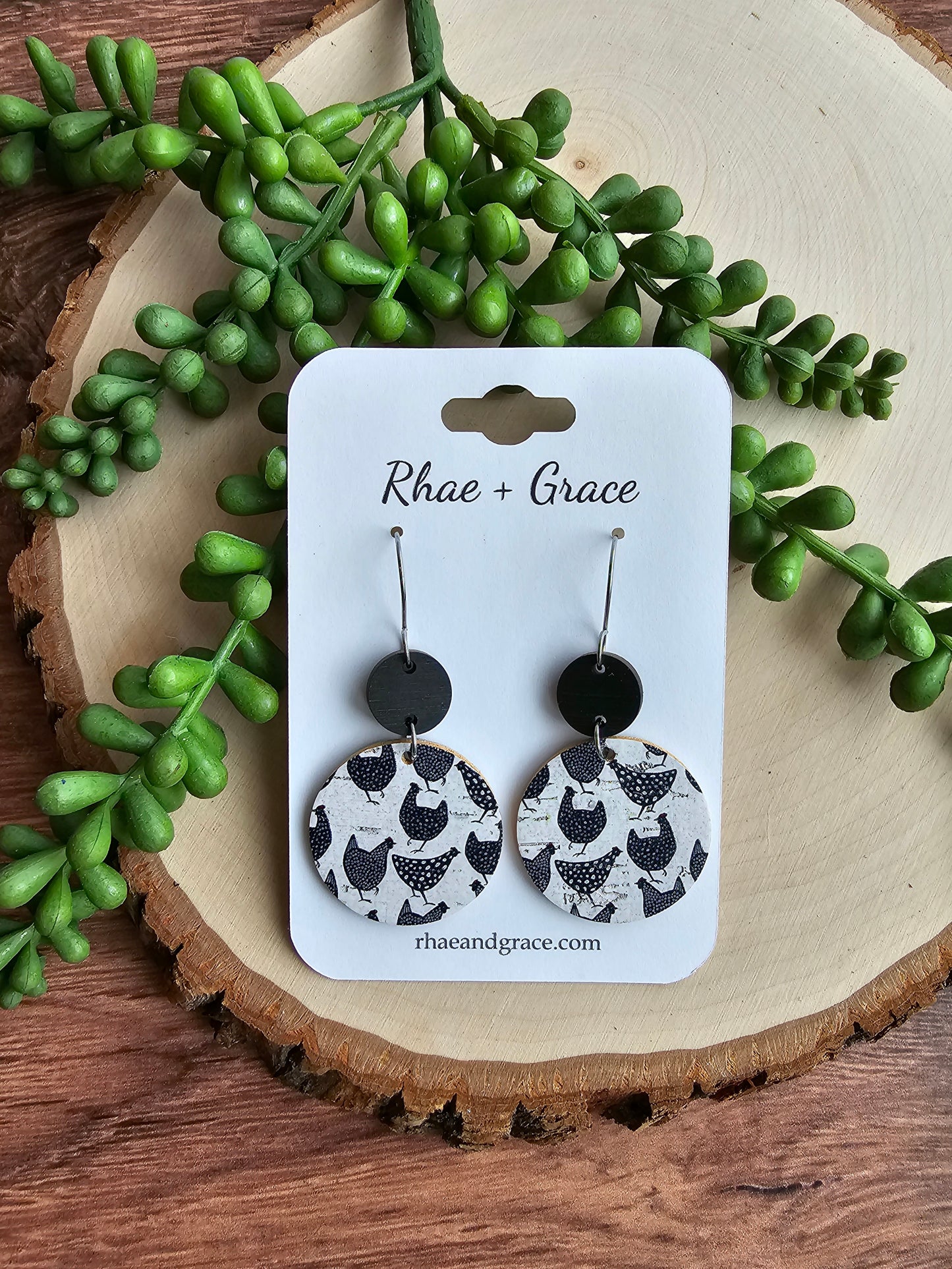 Black & White Chicken Circle Drop Earrings