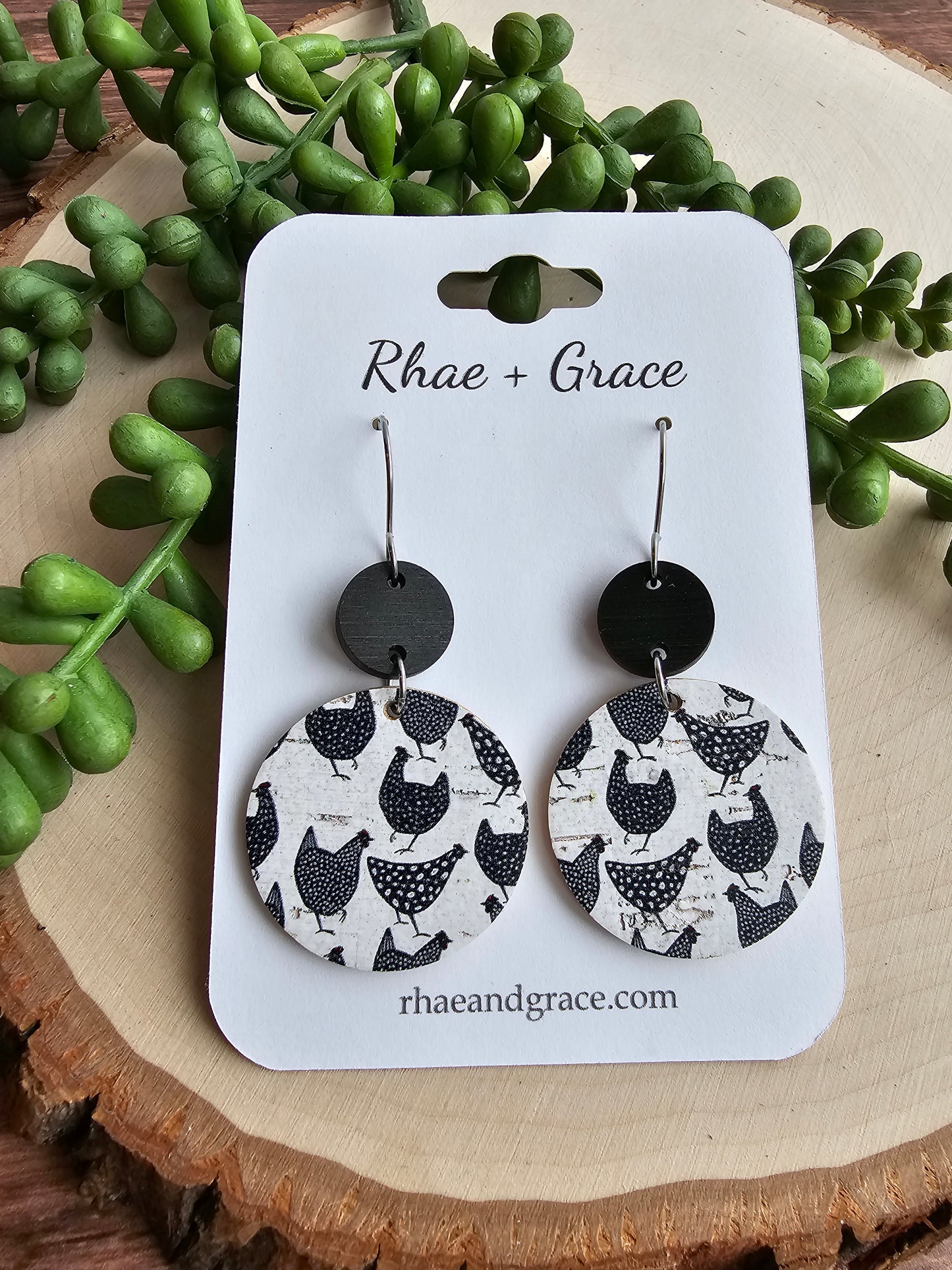 Black & White Chicken Circle Drop Earrings