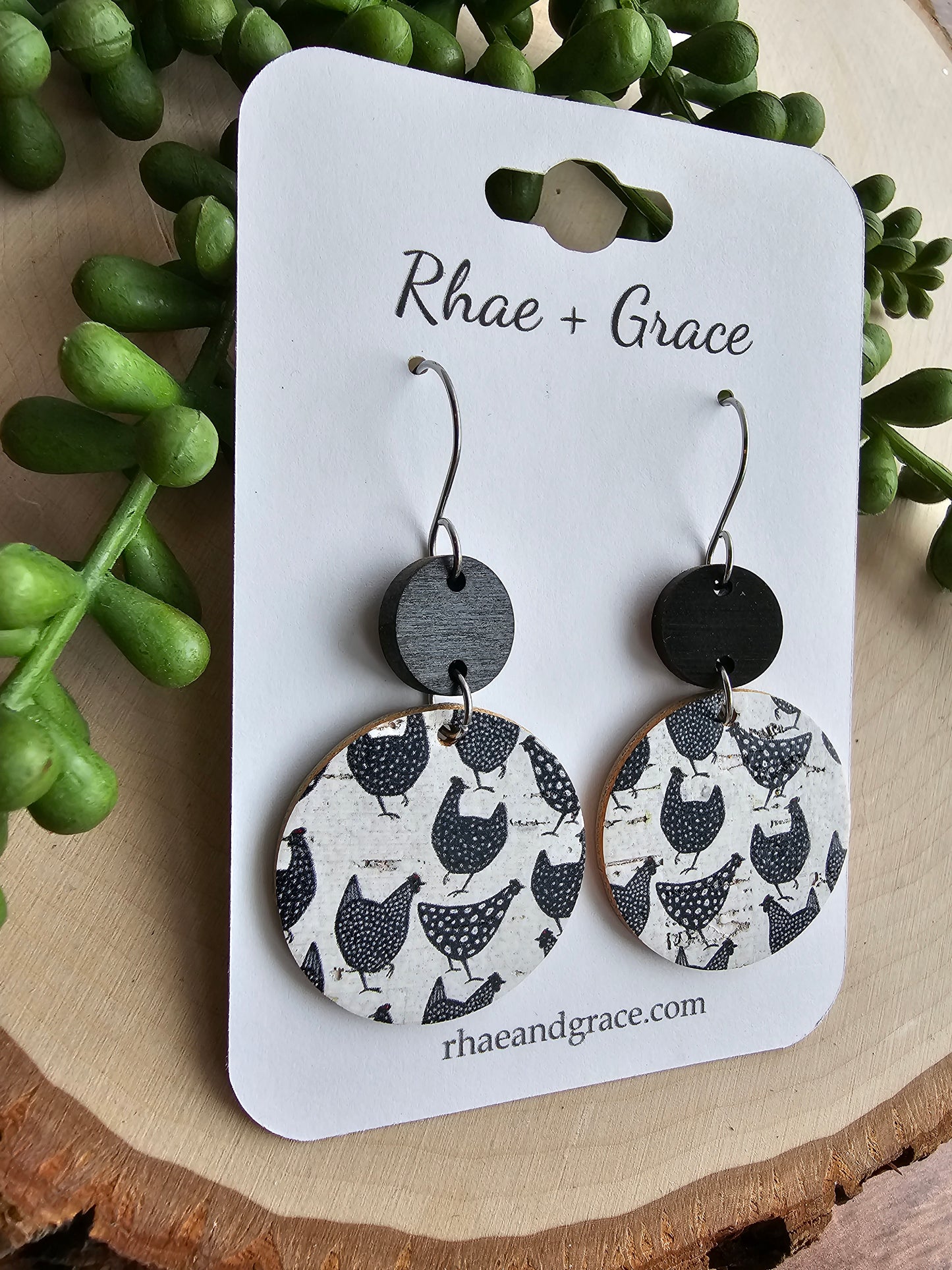 Black & White Chicken Circle Drop Earrings