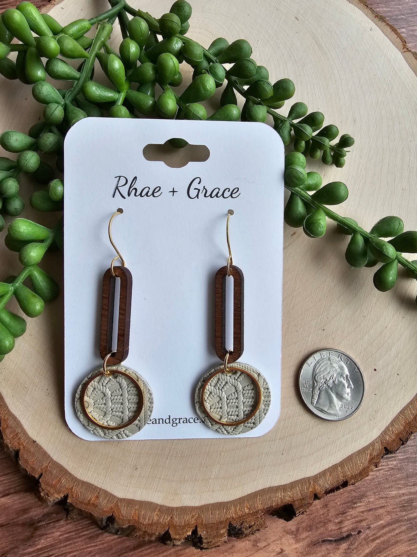 Beige & Gold Round Drop Earrings