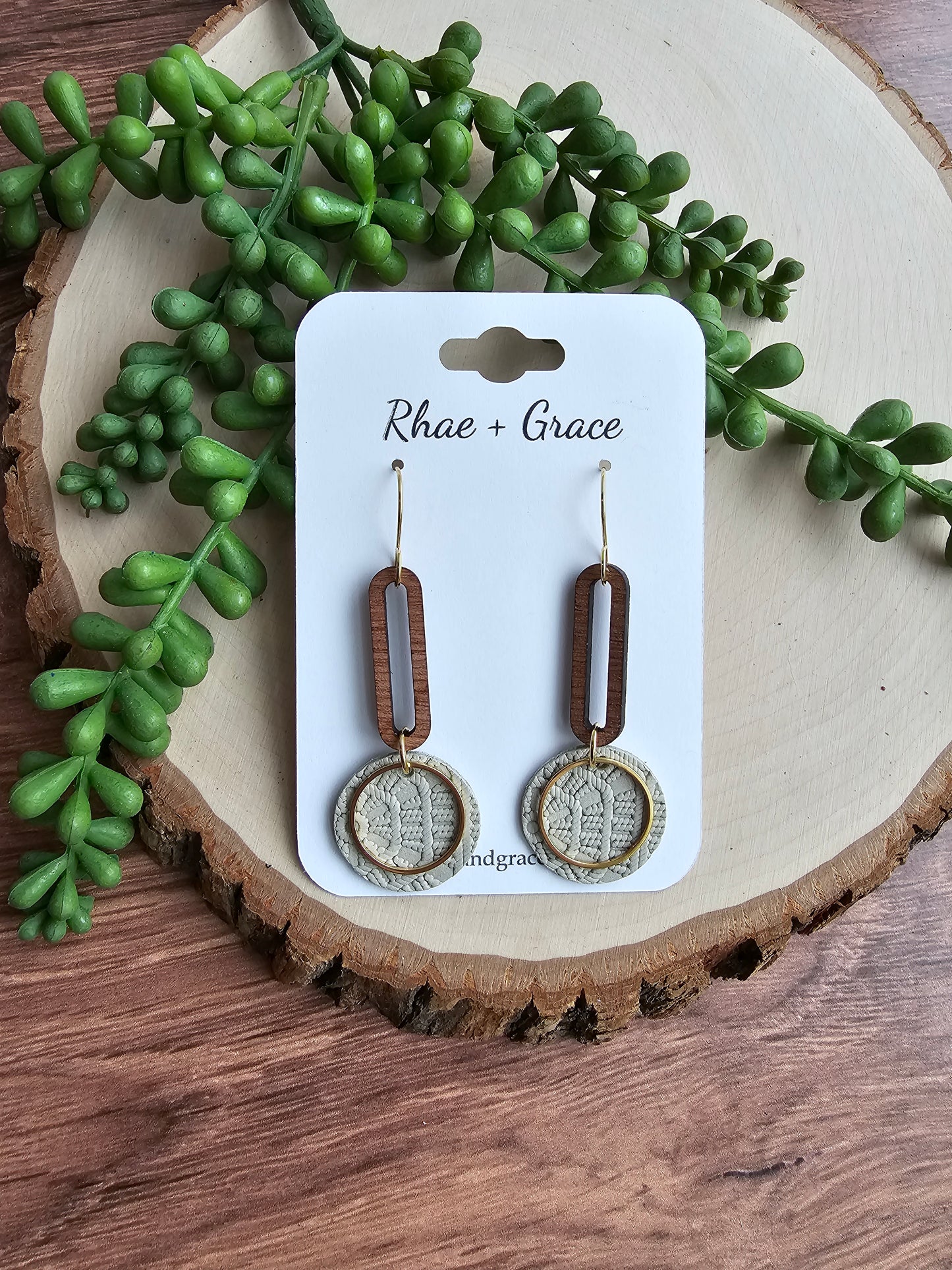 Beige & Gold Round Drop Earrings