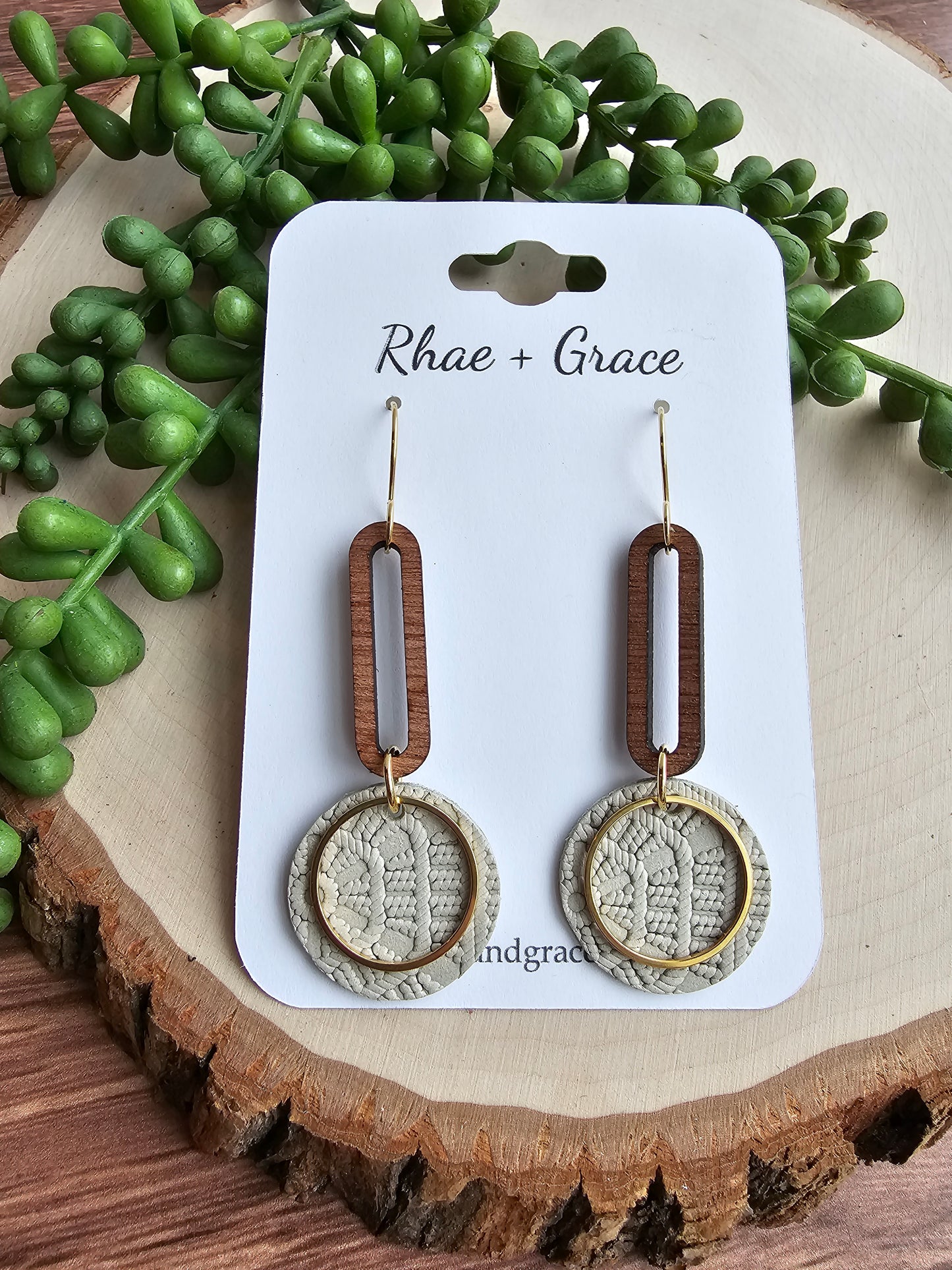 Beige & Gold Round Drop Earrings