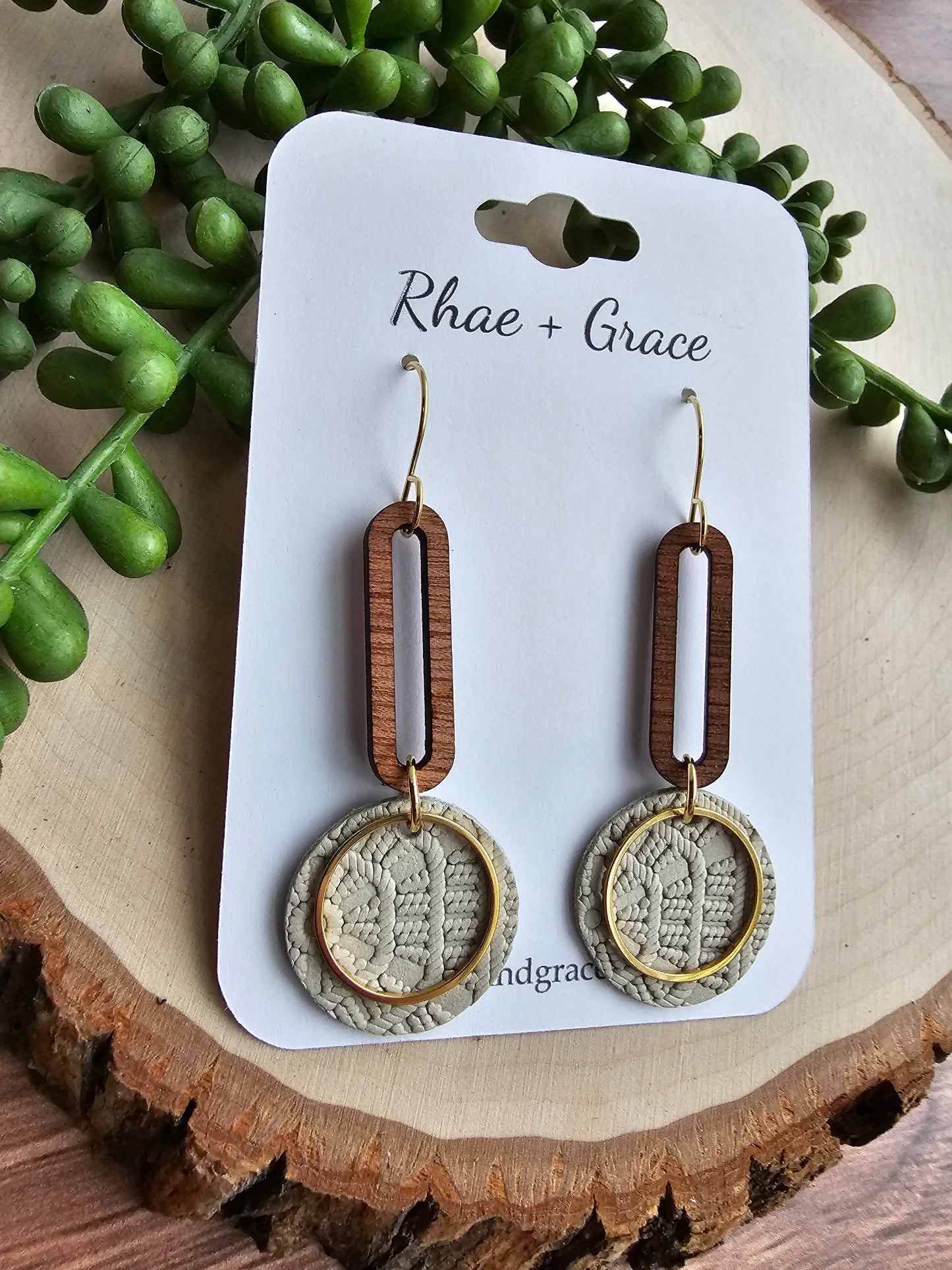 Beige & Gold Round Drop Earrings