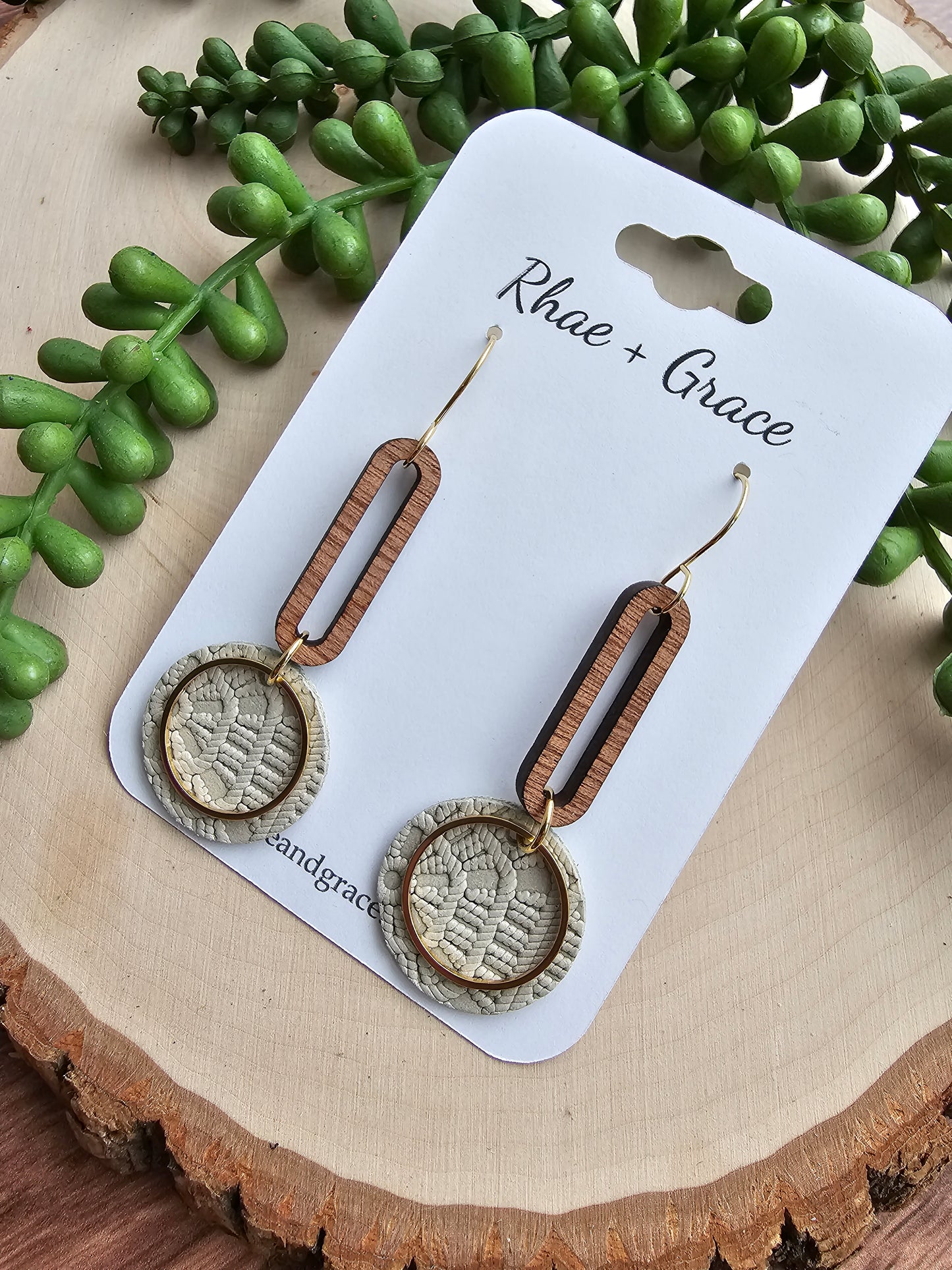 Beige & Gold Round Drop Earrings