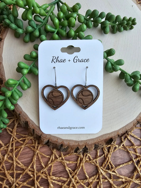 Baseball/Softball Heart Wood Earrings