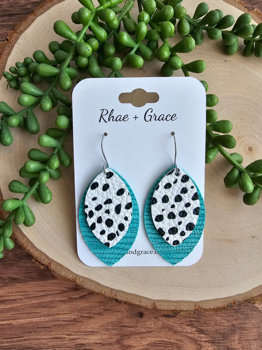 Aqua Blue Dalmatian Spotted Layered Leaf Earrings