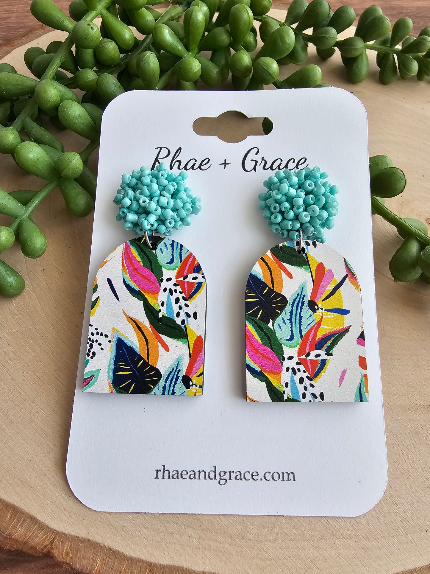 Turquoise Beaded Pom Stud Tropical Paradise Closed Arch Wood Earrings