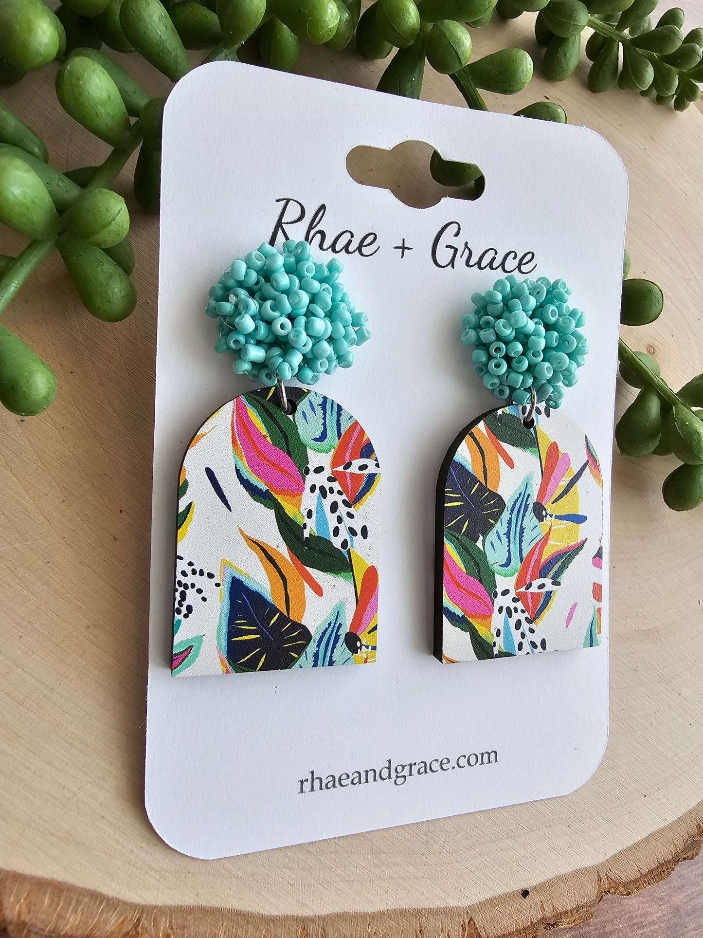 Turquoise Beaded Pom Stud Tropical Paradise Closed Arch Wood Earrings