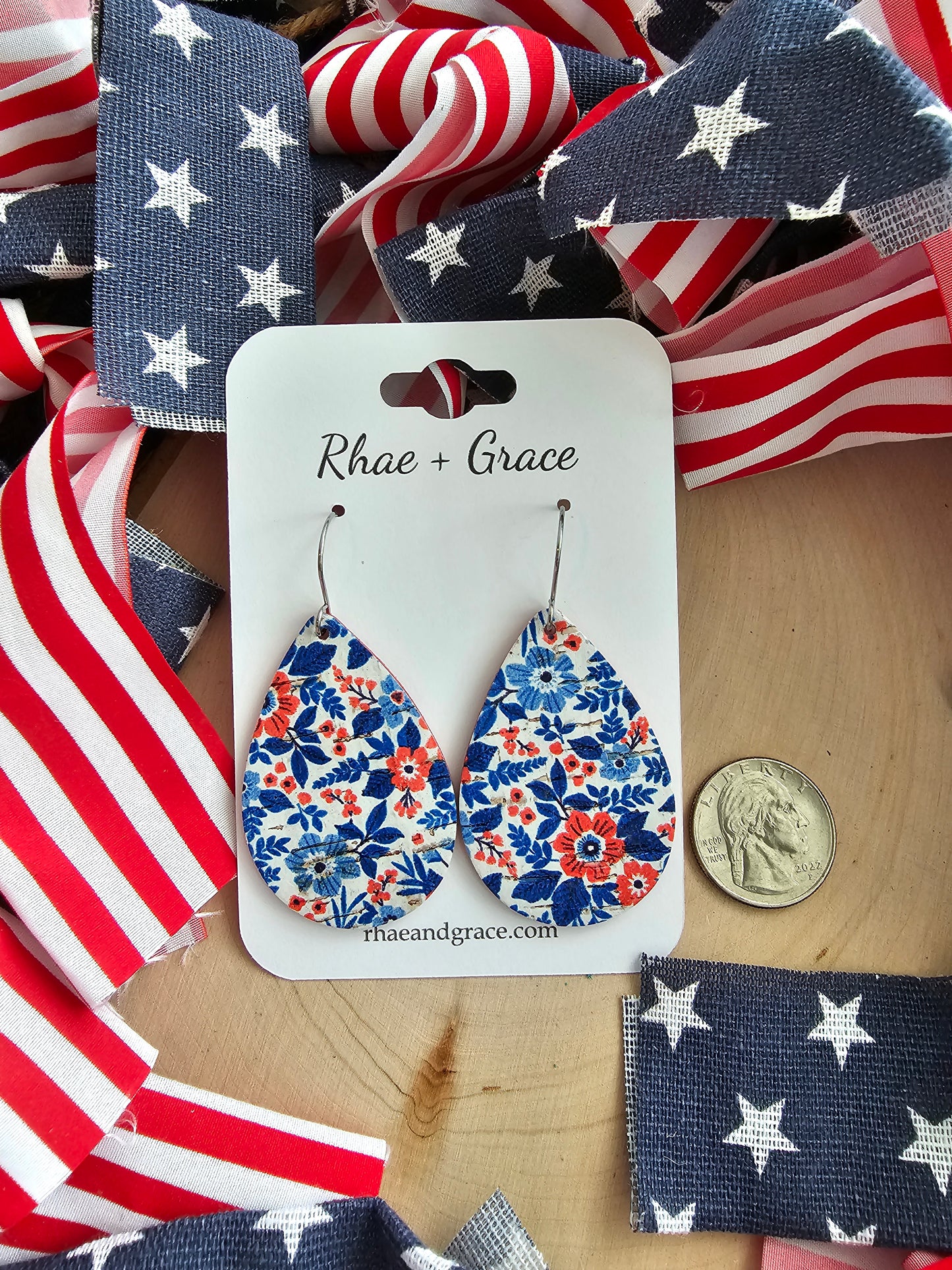 Red, White & Blue Floral Teardrop Earrings - Medium