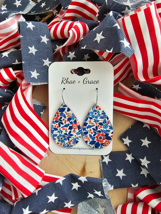 Red, White & Blue Floral Teardrop Earrings - Medium