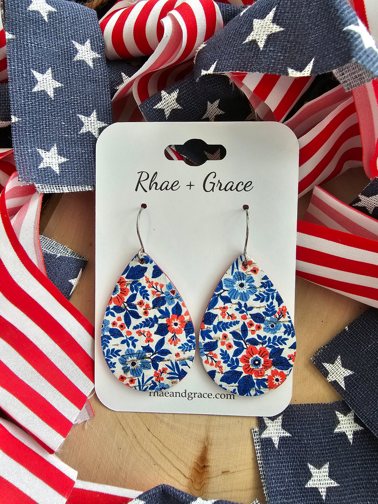 Red, White & Blue Floral Teardrop Earrings - Medium