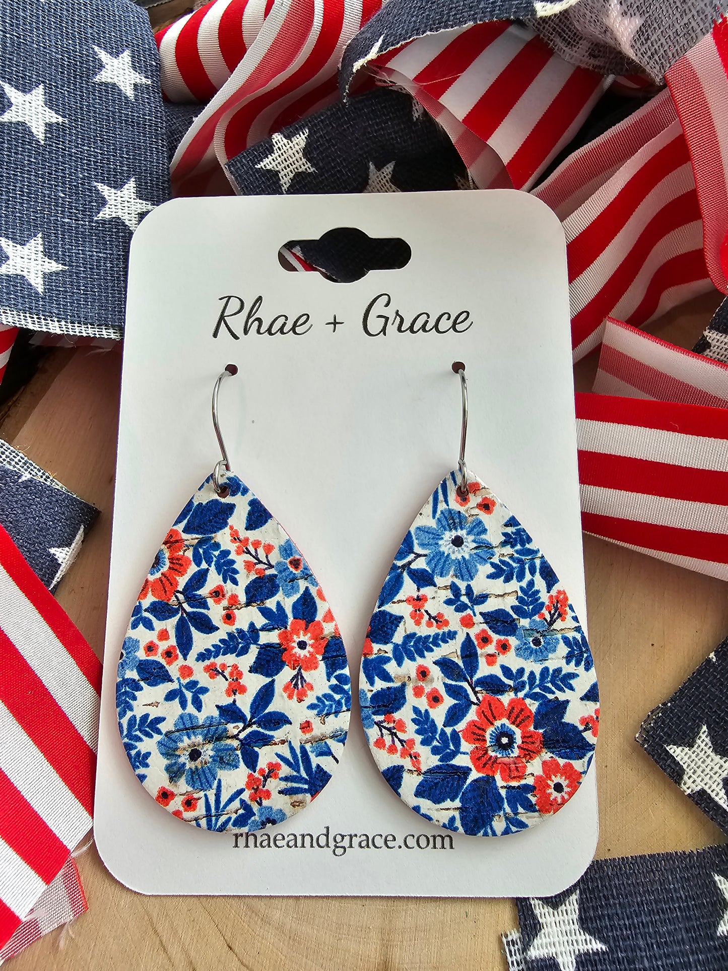 Red, White & Blue Floral Teardrop Earrings - Medium