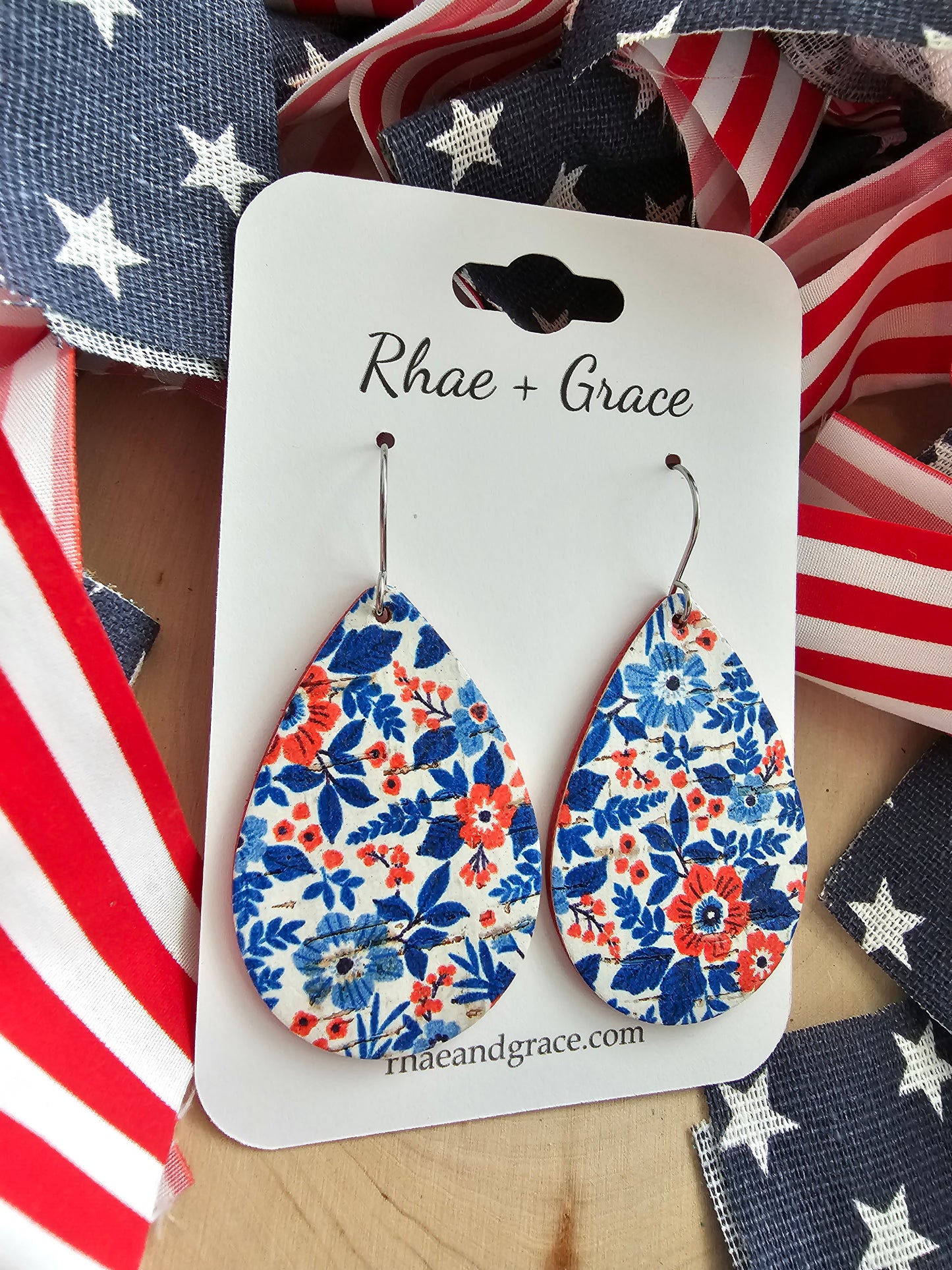 Red, White & Blue Floral Teardrop Earrings - Medium