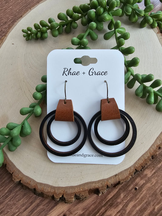 Black & Saddle Brown Leather & Wood Hoop Earrings