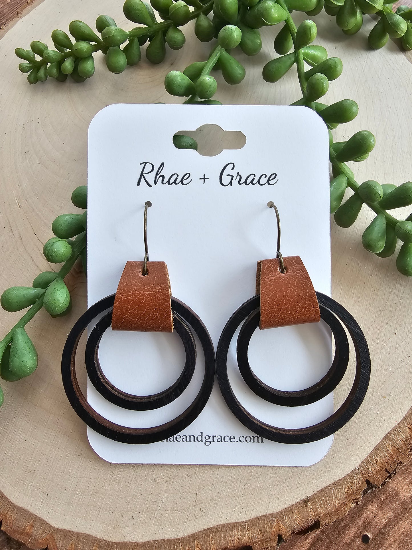 Black & Saddle Brown Leather & Wood Hoop Earrings